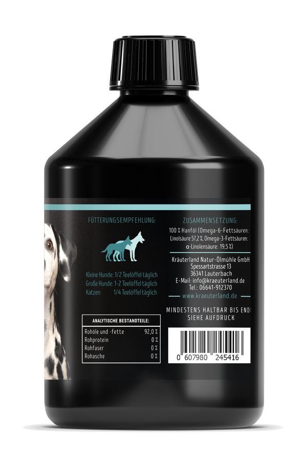 Hanföl für Hunde 500 ml Seitenansicht Analytische Bestandteile Hanföl für Hunde 500 ml Seitenansicht Analytische Bestandteile