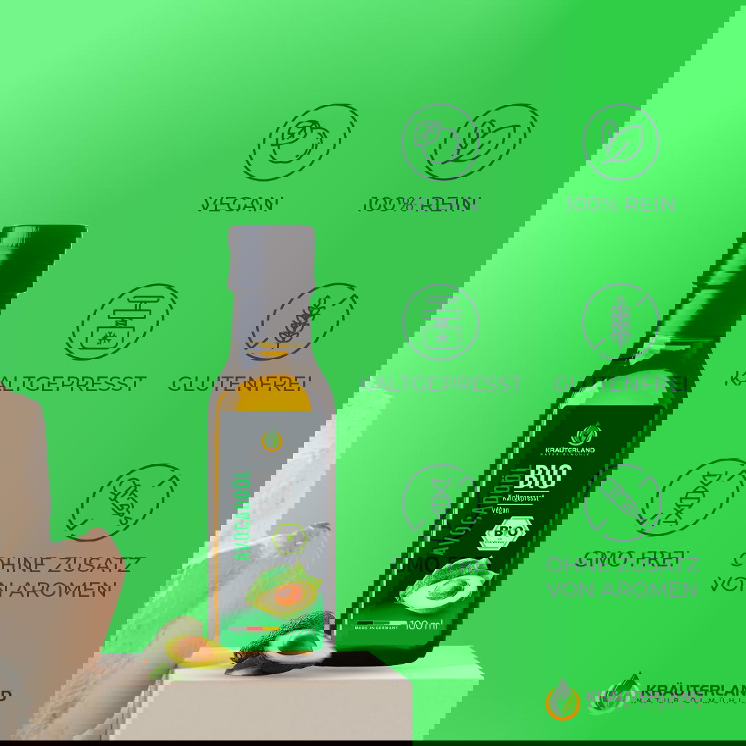 Bio Avocadoöl von Kräuterland mit Icons für vegan rein kaltgepresst glutenfrei gentechnikfrei und ohne Aromazusatz