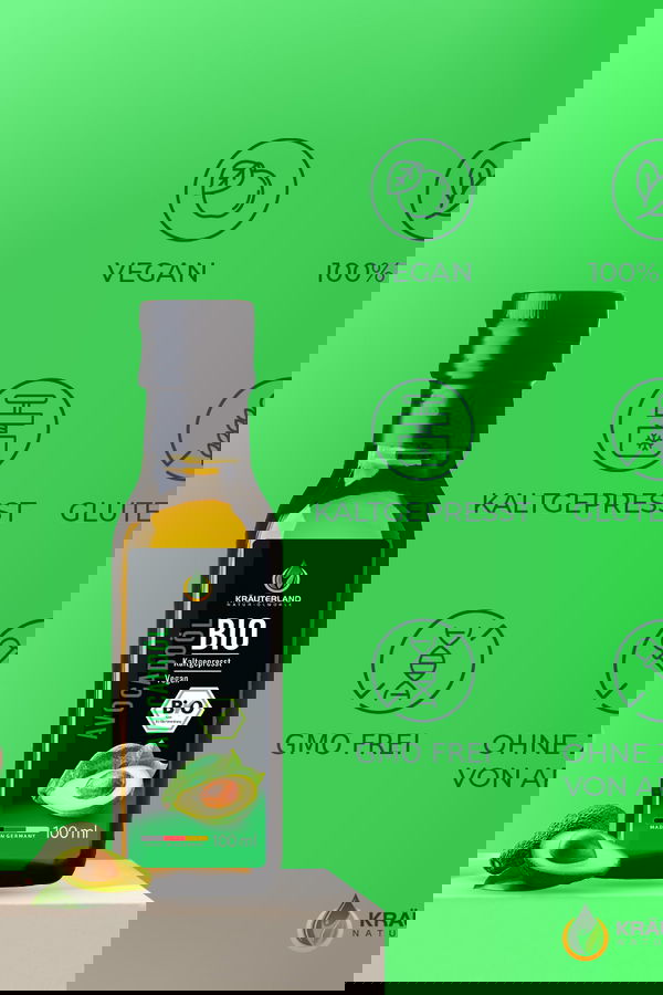 Bio Avocadoöl von Kräuterland mit Icons für vegan rein kaltgepresst glutenfrei gentechnikfrei und ohne Aromazusatz