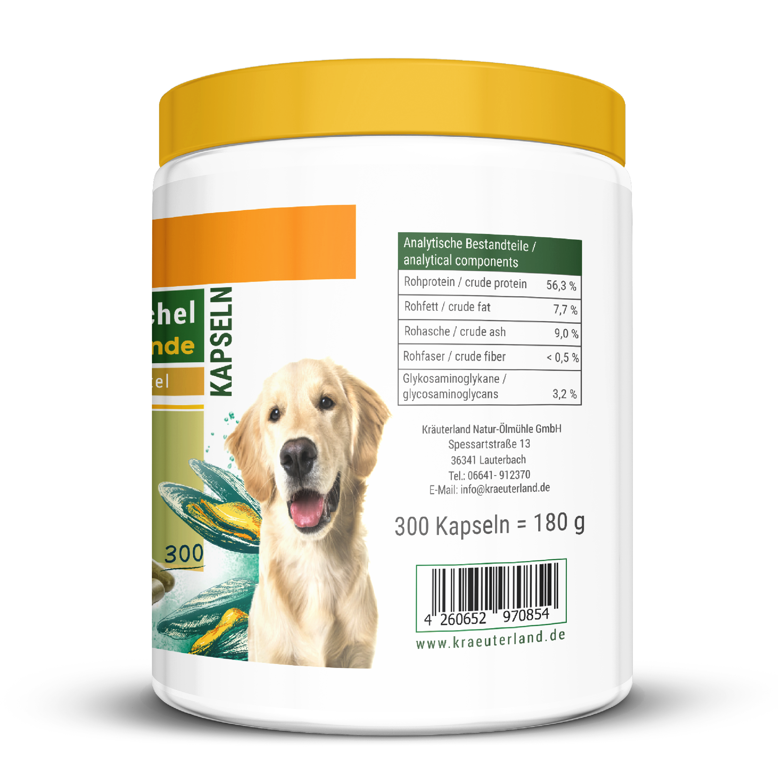 gruenlippmuschel-kapseln-hunde-dose-produkt-shop-side2 Grünlippmuschel Kapseln für Hunde 300 Stück