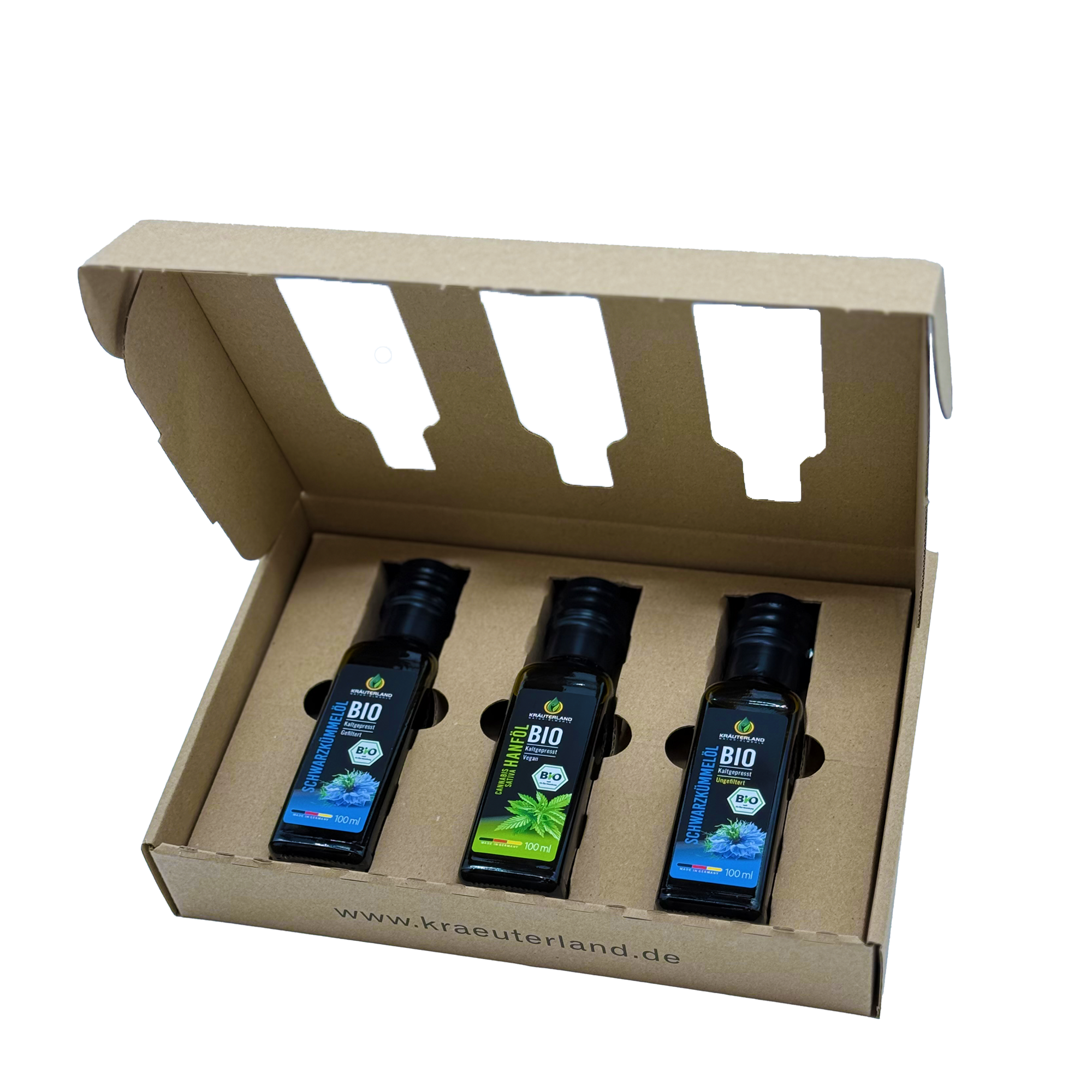 Bio Speiseöl Set 100 ml – Schwarzkümmelöl gefiltert & ungefiltert und Hanföl im Geschenkset geöffnet