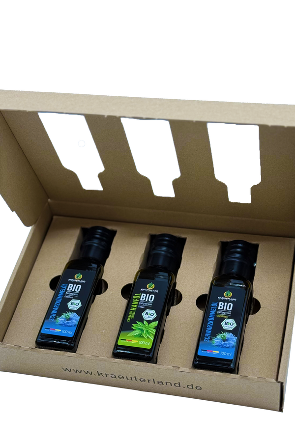 Bio Speiseöl Set 100 ml – Schwarzkümmelöl gefiltert & ungefiltert und Hanföl im Geschenkset geöffnet