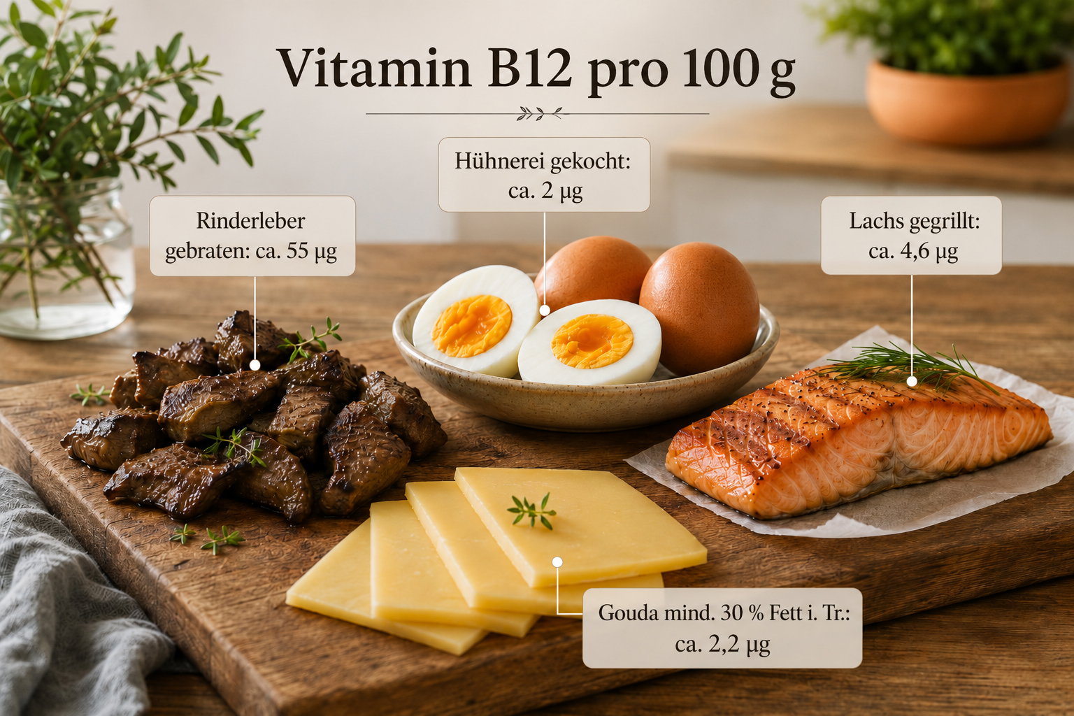 Rinderleber, gegrillter Lachs, gekochtes Ei und Gouda mit Angaben zum Vitamin-B12-Gehalt pro 100 g
