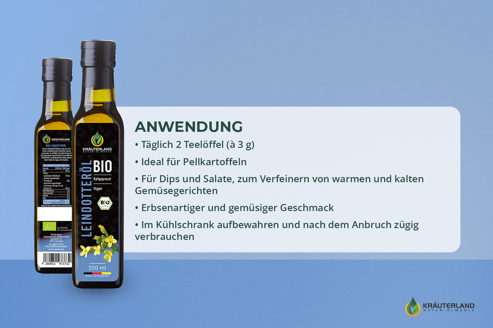 Anwendungstipps für Kräuterland Bio Leindotteröl – ideal für Pellkartoffeln, Salate und Dips