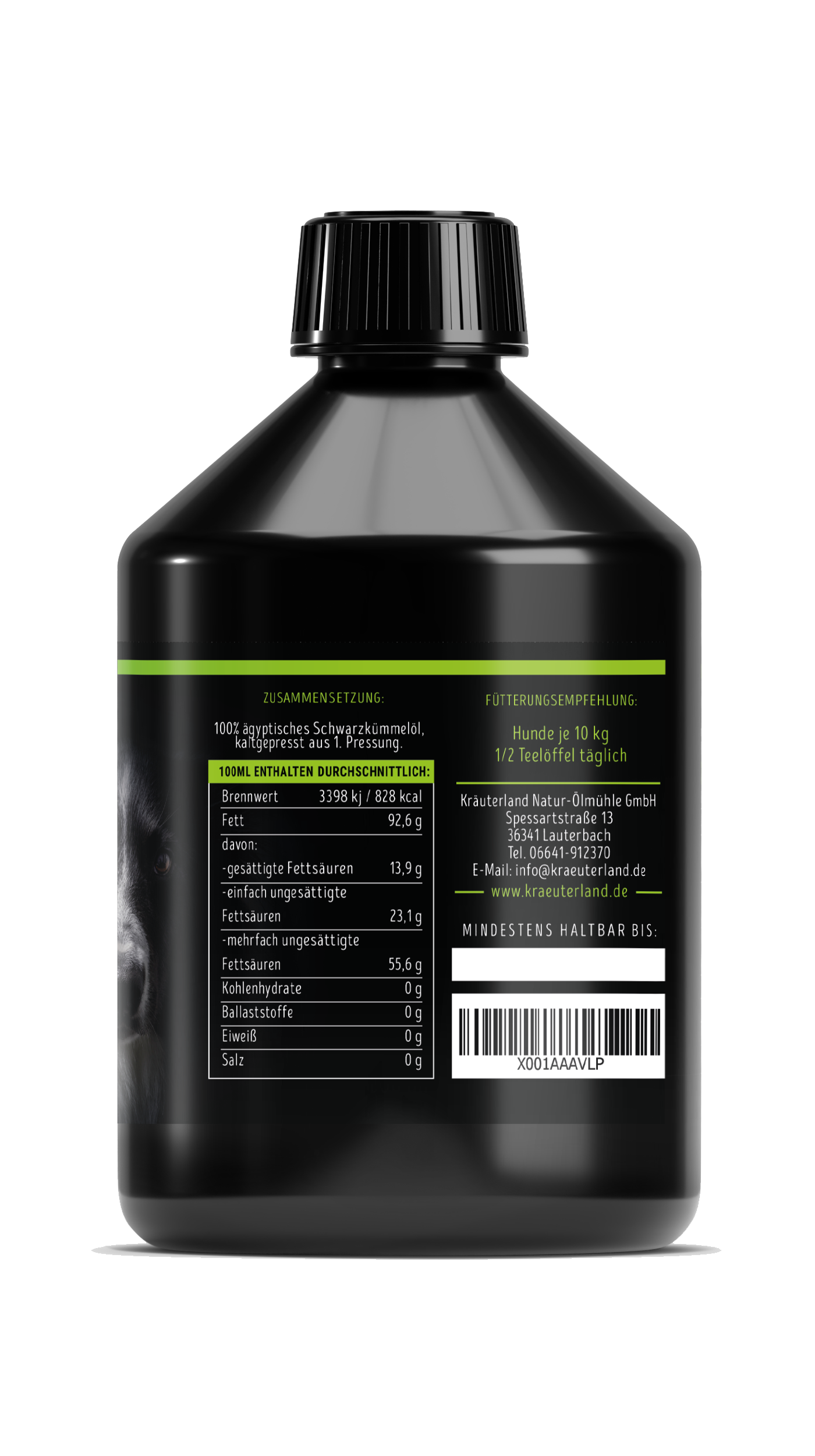 Schwarzkümmelöl für Hunde 500 ml Seitenansicht mit Nährwertangaben