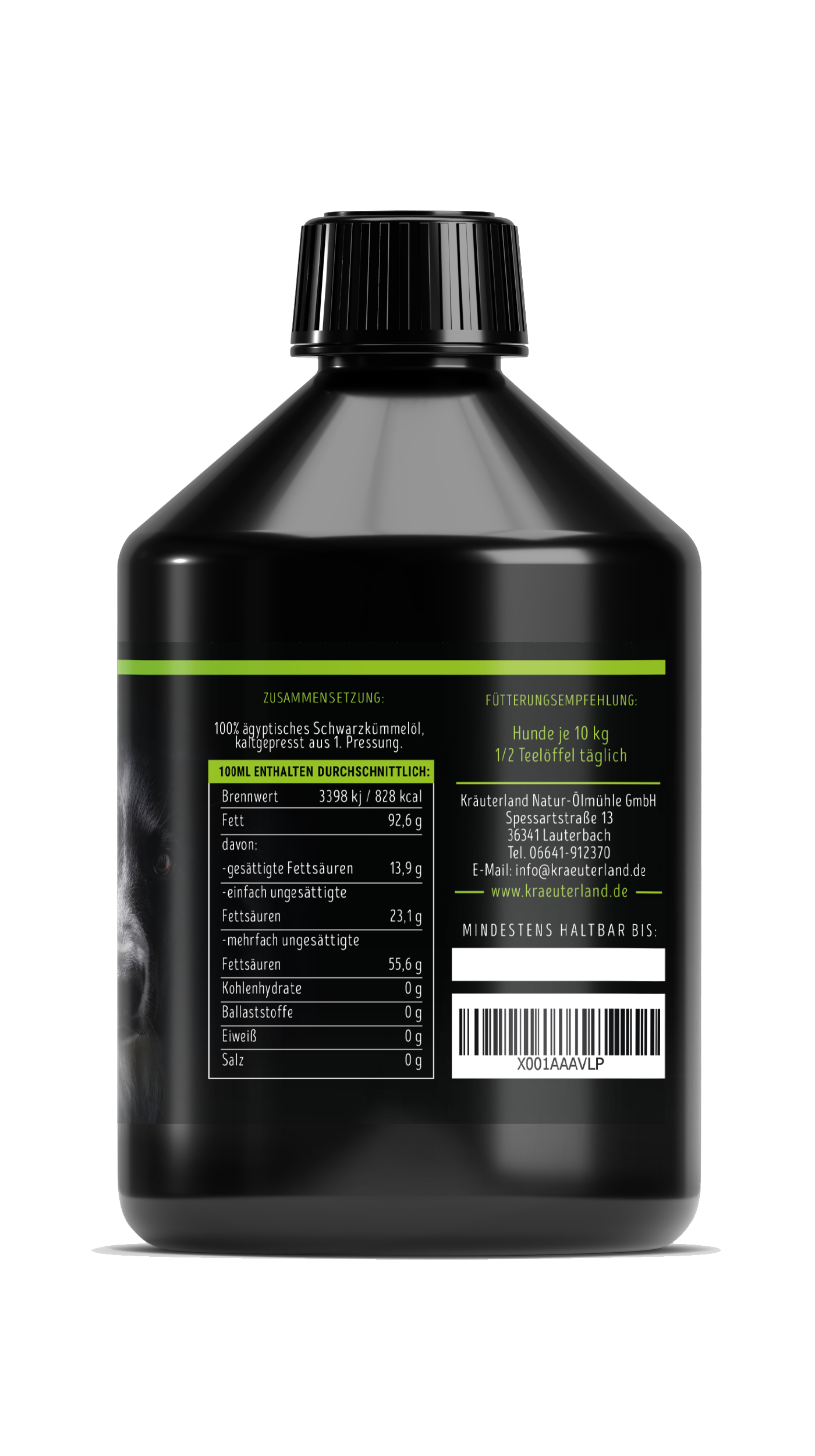 Schwarzkümmelöl für Hunde 500 ml Seitenansicht mit Nährwertangaben Schwarzkümmelöl für Hunde 500 ml Seitenansicht mit Nährwertangaben