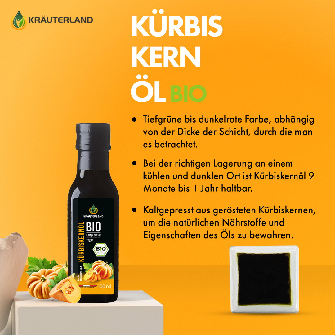 Kräuterland Bio Kürbiskernöl Eigenschaften und Qualitätsbeschreibung Bio Kürbiskernöl von Kräuterland mit Informationen zur Farbe Lagerung und kaltgepresster Herstellung