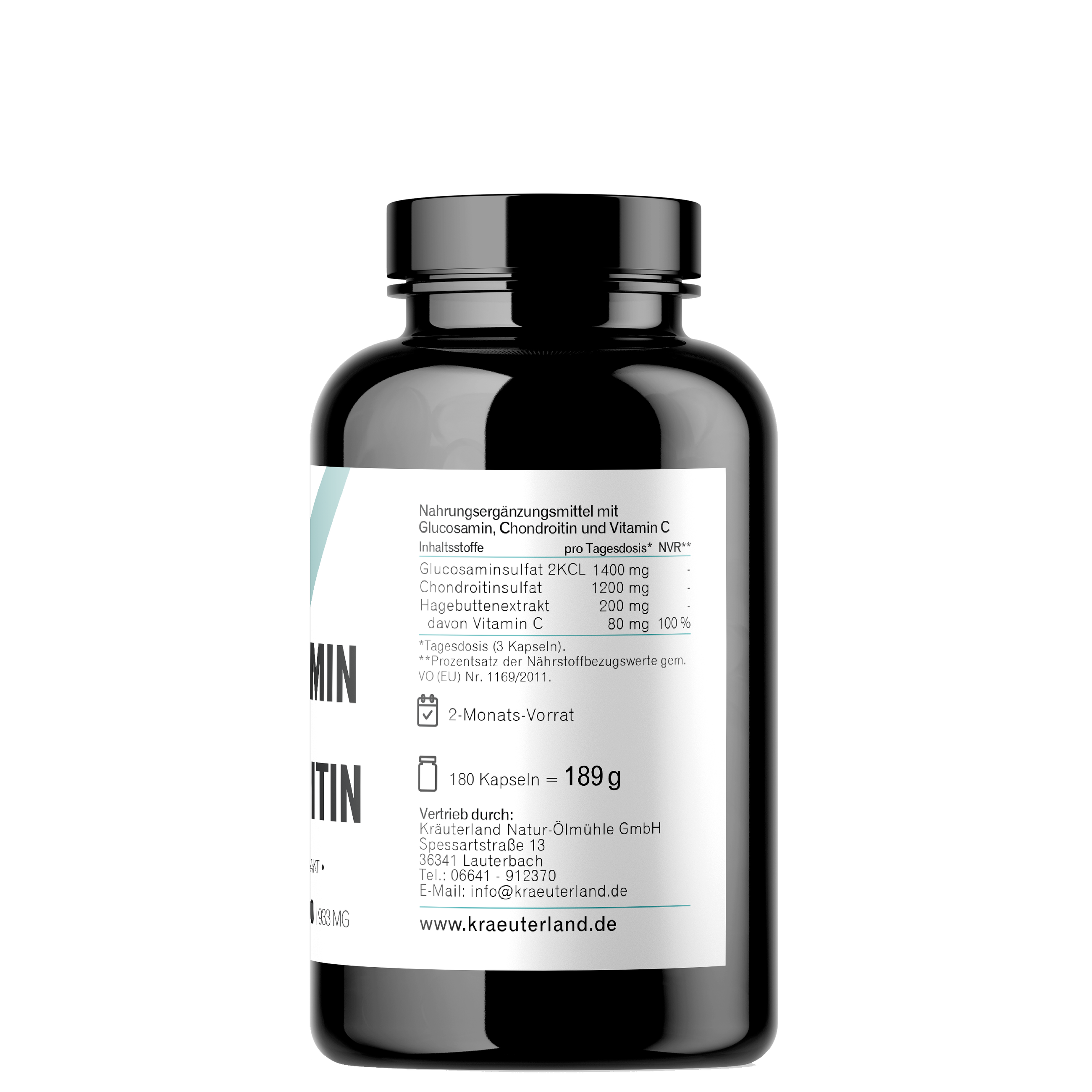 Glucosamin Chondriotin Kapseln 180 Stück Seitenansich mit Nährwertangaben Glucosamin Chondriotin Kapseln 180 Stück Seitenansich mit Nährwertangaben