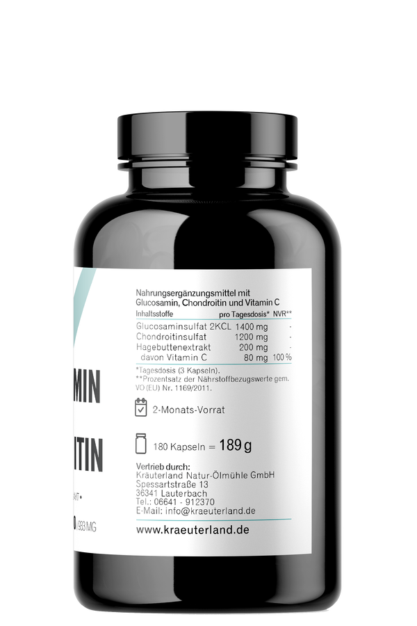 Glucosamin Chondriotin Kapseln 180 Stück Seitenansich mit Nährwertangaben Glucosamin Chondriotin Kapseln 180 Stück Seitenansich mit Nährwertangaben