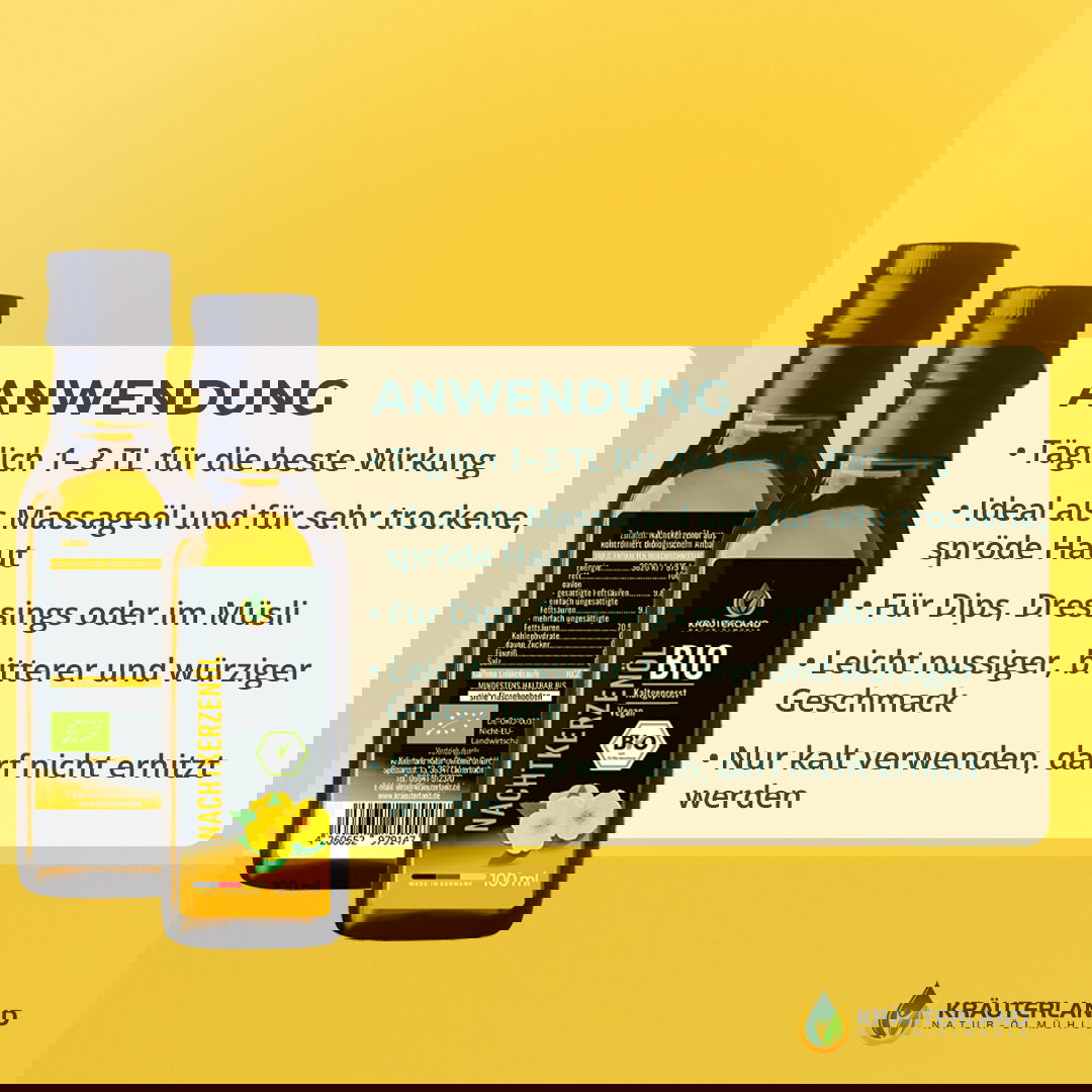 Bio Nachtkerzenöl von Kräuterland mit Anwendungshinweisen für Ernährung Hautpflege und täglichen Gebrauch