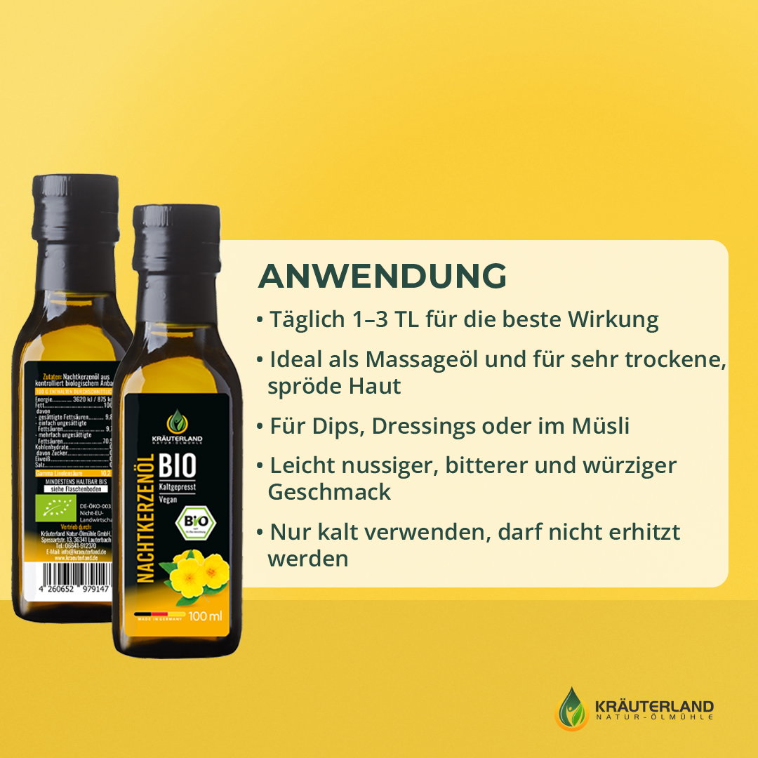 Kräuterland Bio Nachtkerzenöl Anwendung und Nutzungsmöglichkeiten Bio Nachtkerzenöl von Kräuterland mit Anwendungshinweisen für Ernährung Hautpflege und täglichen Gebrauch
