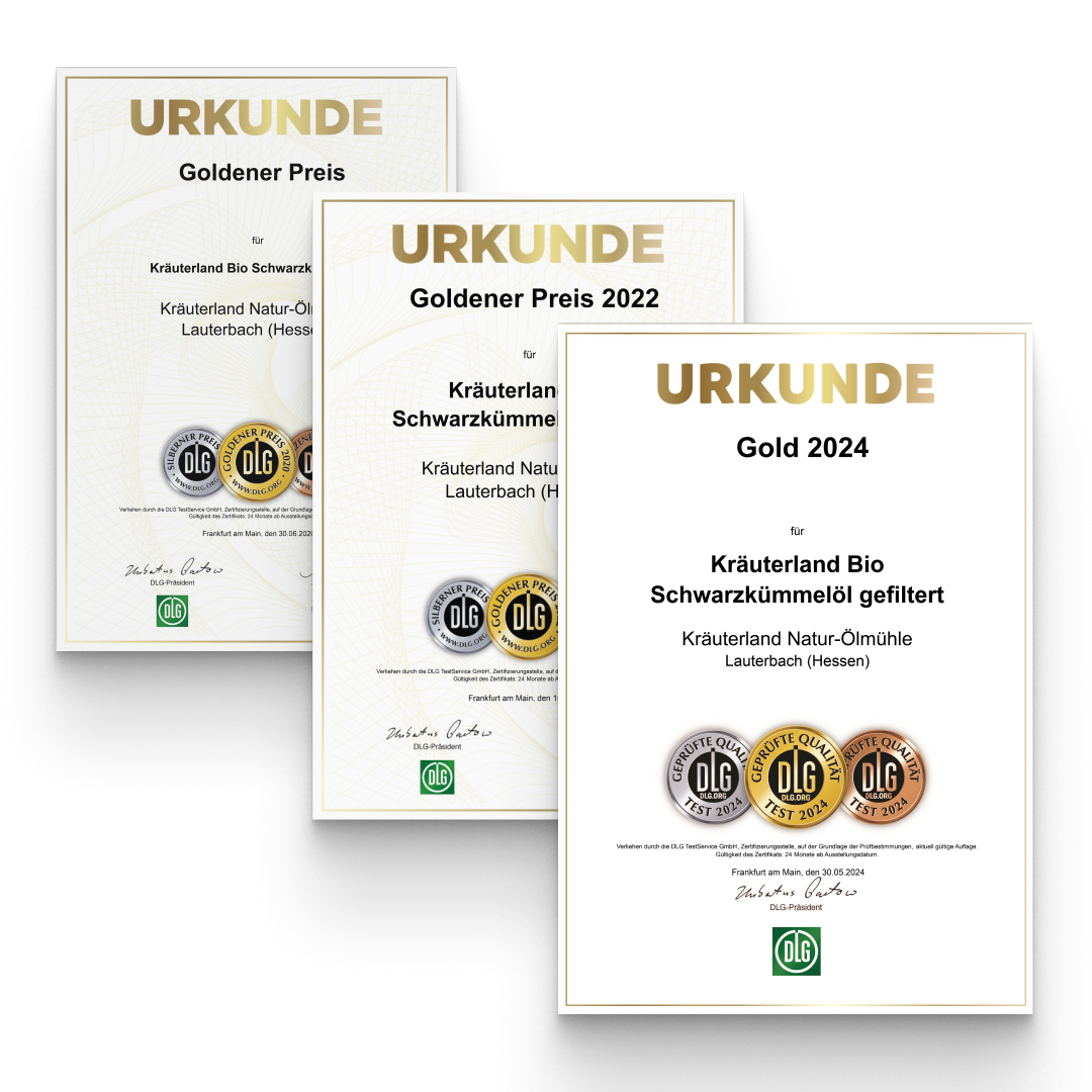Kräuterland DLG Gold Urkunde Schwazkümmelöl Kräuterland DLG Gold Urkunde Schwazkümmelöl