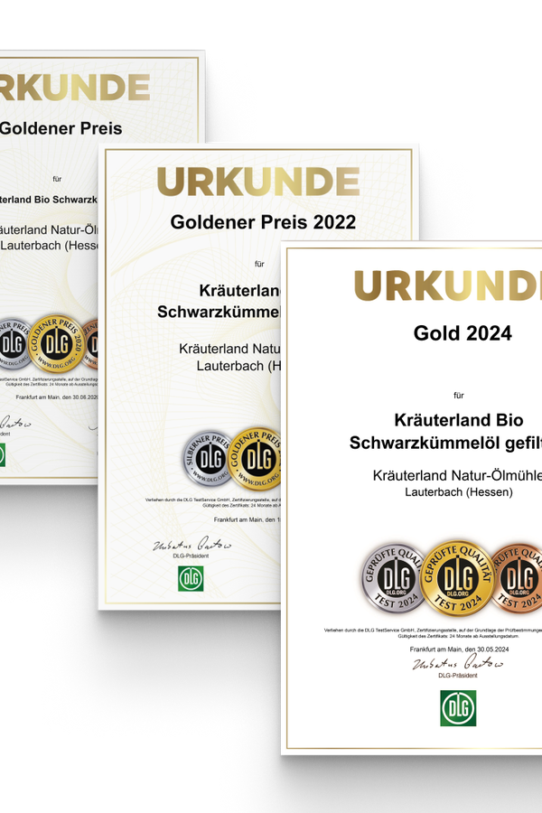 Kräuterland DLG Gold Urkunde Schwazkümmelöl Kräuterland DLG Gold Urkunde Schwazkümmelöl