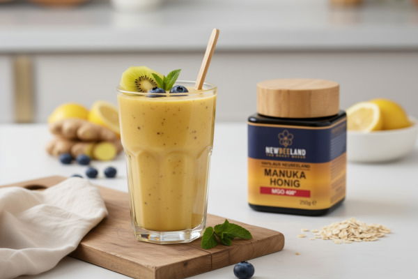 Gesunder Smoothie mit Kiwi, Blaubeeren und Manuka Honig von NewBeeLand auf einem hellen Küchentisch