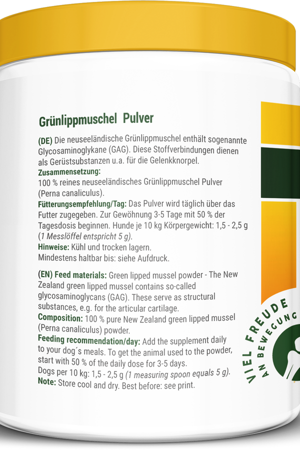 Grünlippmuschel Pulver 250g für Hunde Seitenansicht mit Zusammensetzung und Fütterungsempfehlung
