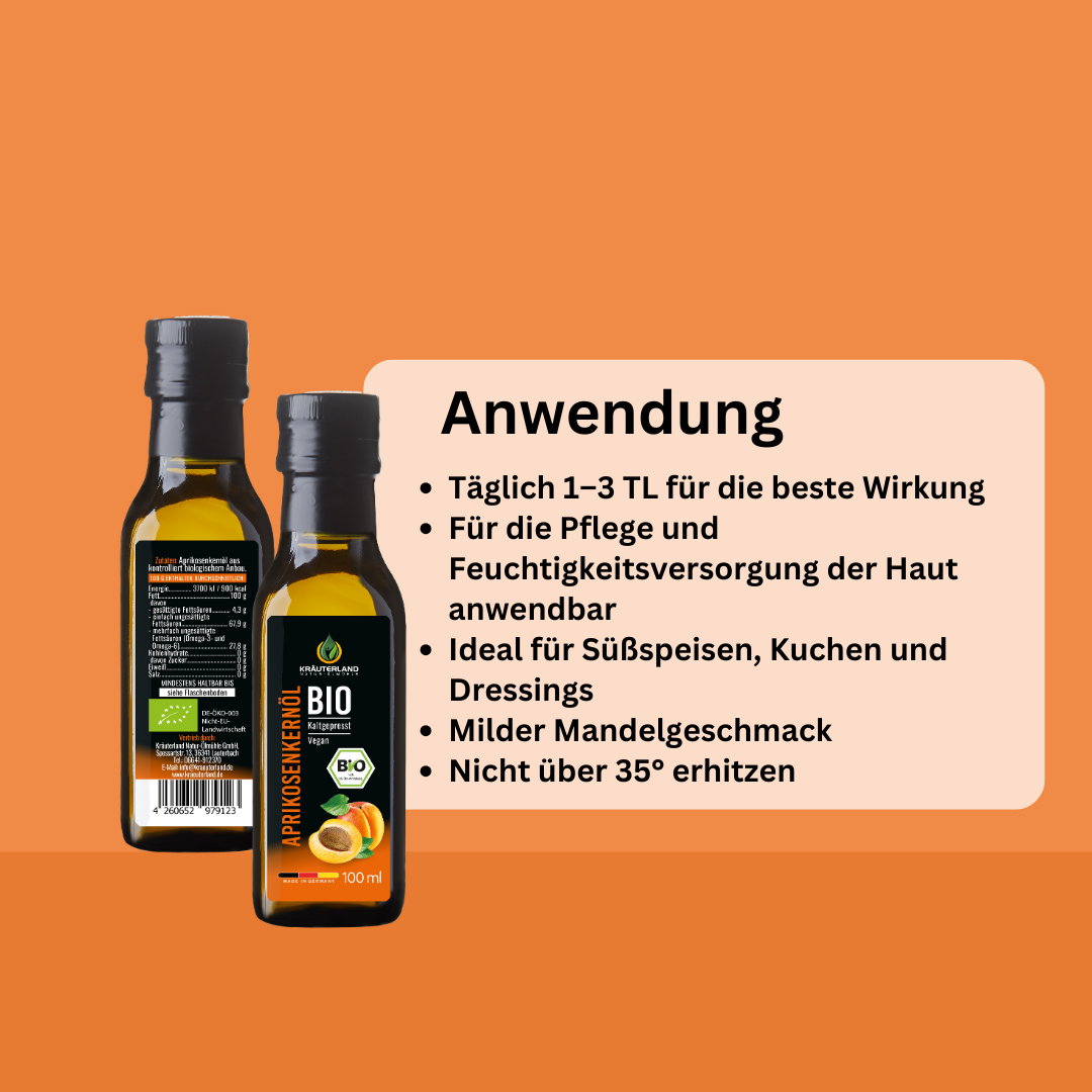 Bio Aprikosenkernöl Anwendung – mild im Geschmack, pflegend und vielseitig Anwendungstipps für Kräuterland Bio Aprikosenkernöl – ideal für Hautpflege, Süßspeisen und Dressings