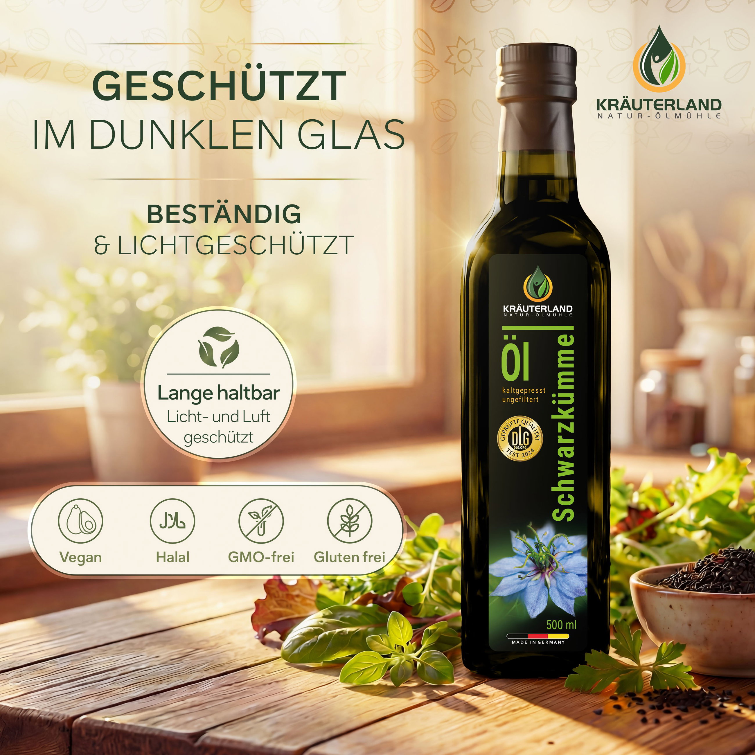 Schwarzkümmelöl ungefiltert im dunklen Glas Kräuterland Schwarzkümmelöl ungefiltert 500 ml in dunkler Glasflasche, licht- und luftgeschützt, vegan, halal, GMO-frei und glutenfrei