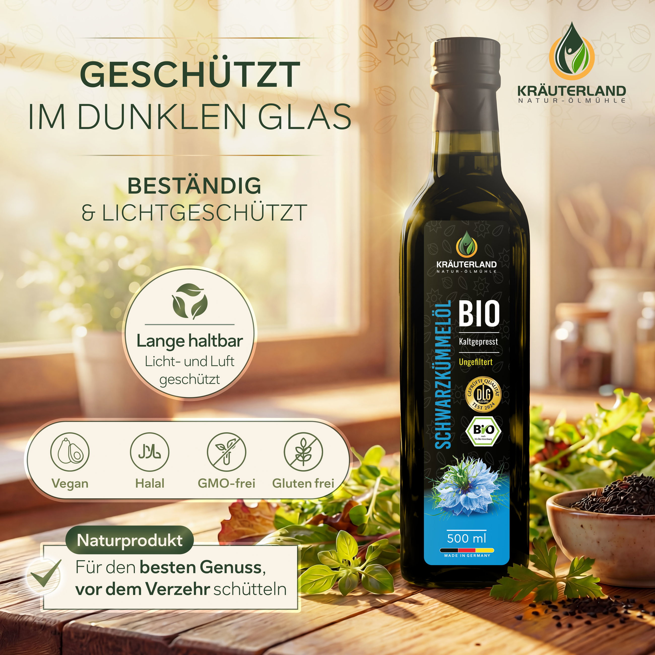 Kräuterland Bio Schwarzkümmelöl in dunkler Glasflasche, licht- und luftgeschützt, vegan, halal, GMO-frei und glutenfrei