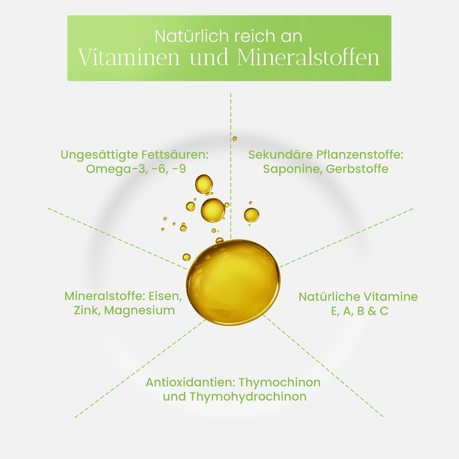 Darstellung der wertvollen Inhaltsstoffe von Schwarzkümmelöl: ungesättigte Fettsäuren, Mineralstoffe wie Eisen, Zink, Magnesium, Vitamine A, B, C, E, sekundäre Pflanzenstoffe sowie Antioxidantien.