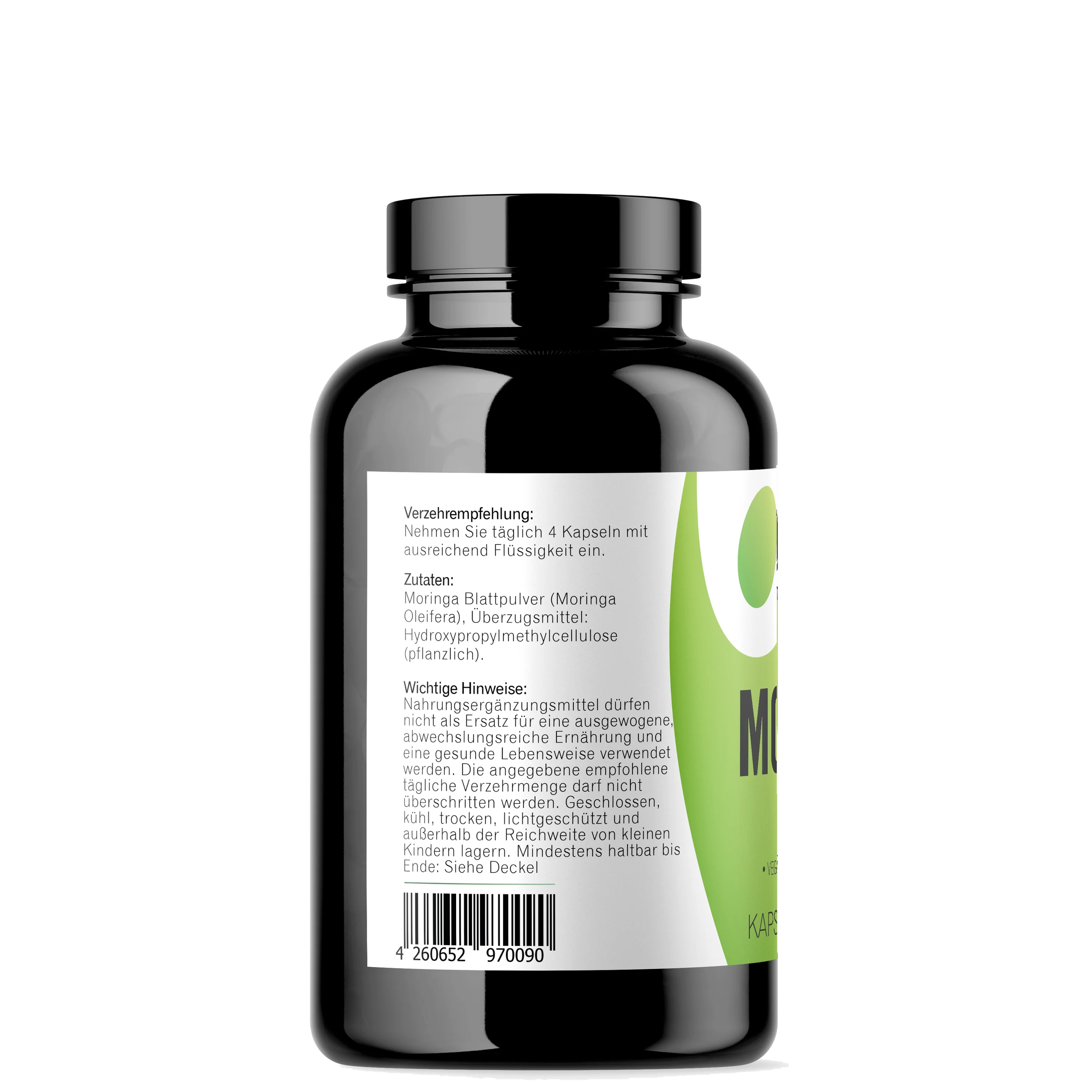 Moringa Kapseln 180 Stück Seitenansischt mit Zutaten