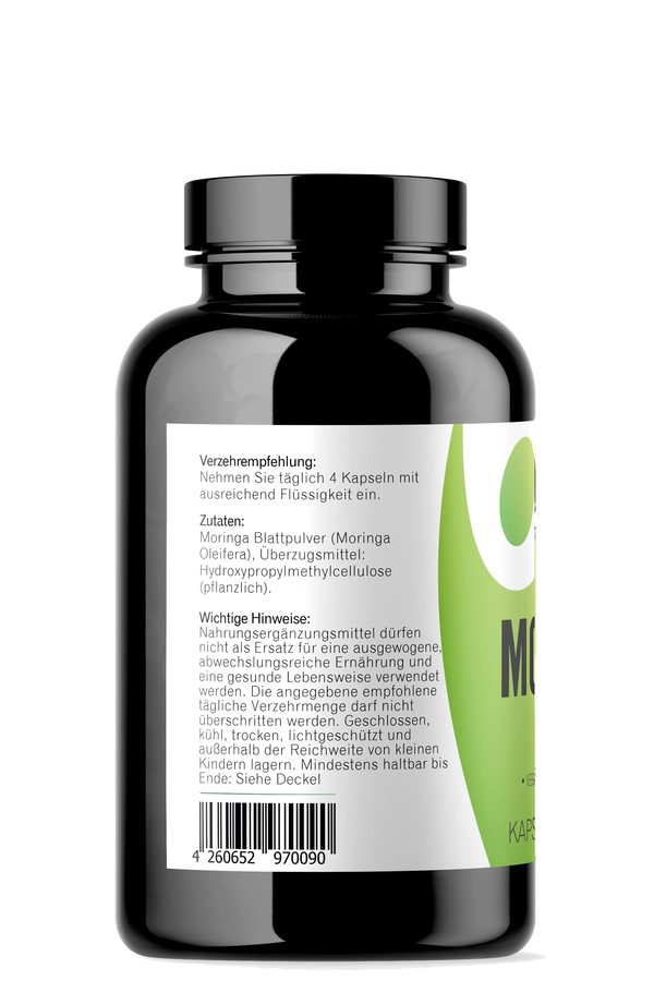 Moringa Kapseln 180 Stück Seitenansischt mit Zutaten Moringa Kapseln 180 Stück Seitenansischt mit Zutaten