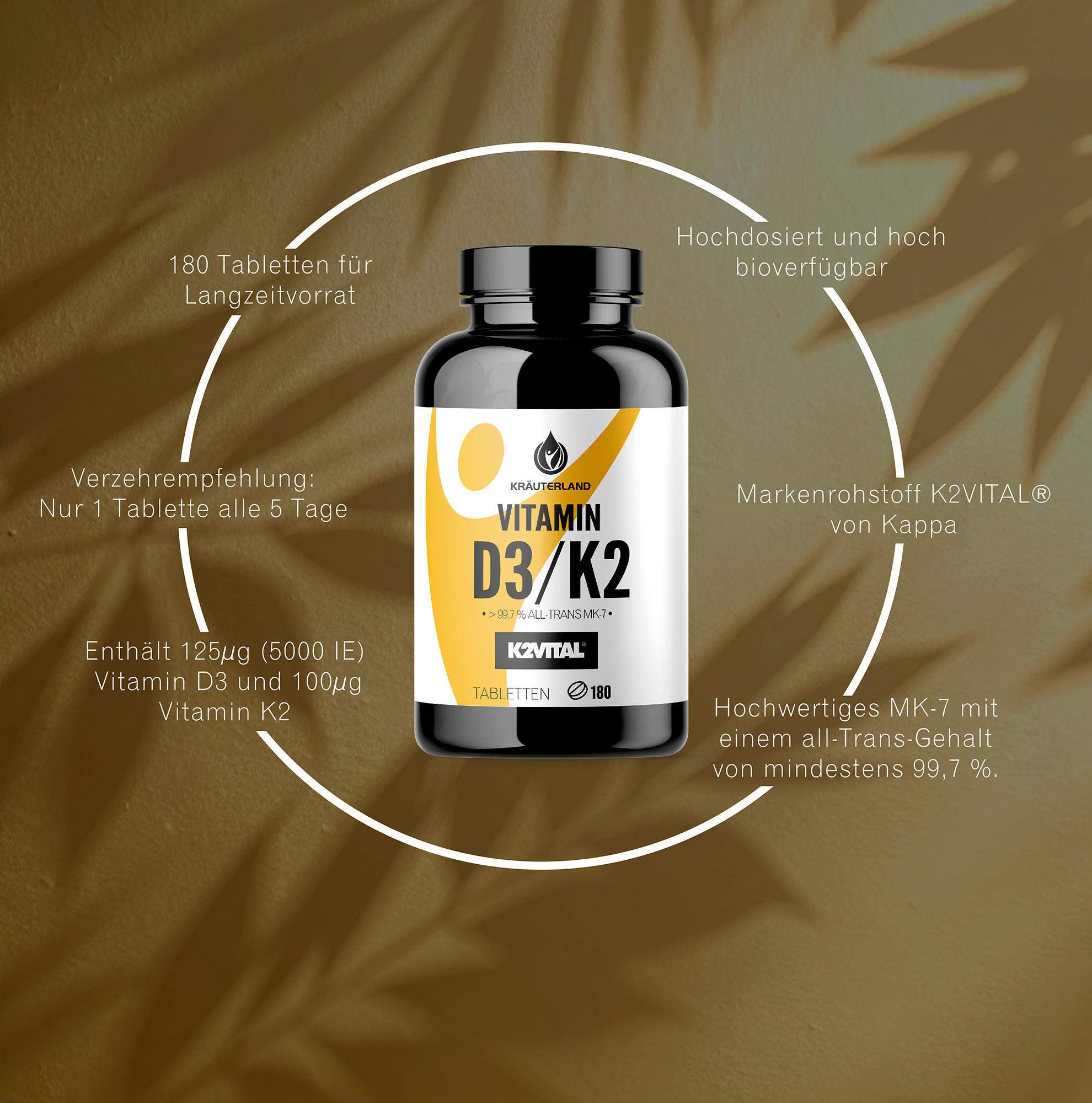 Kräuterland Vitamin D3 + K2 – Hochdosiert & bioverfügbar mit K2VITAL® (180 Tabletten) Produktabbildung der Kräuterland Vitamin D3 + K2 Dose mit Vorteilen: 180 Tabletten, hoch bioverfügbar, Markenrohstoff K2VITAL® von Kappa.