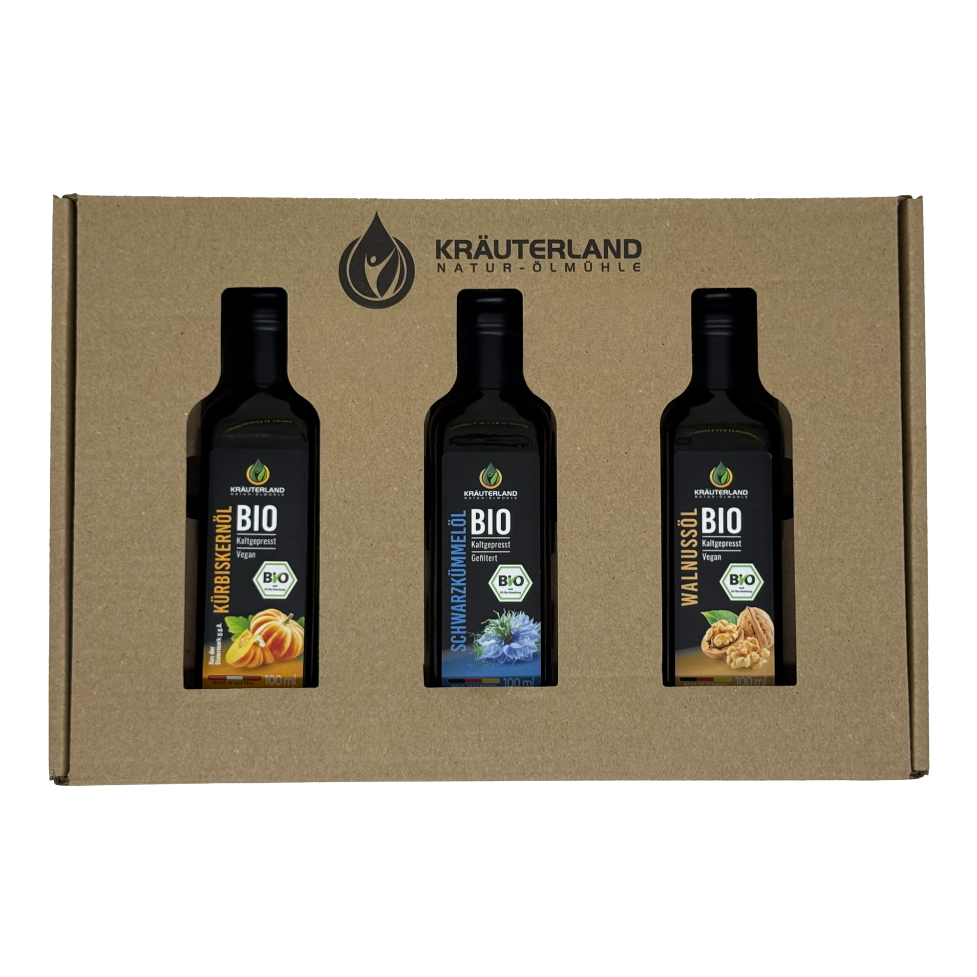 Bio Gourmet Speiseöl Set 100 ml – Kräuterland Geschenkset mit Kürbiskernöl, Schwarzkümmelöl und Walnussöl