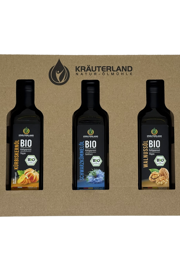 Bio Gourmet Speiseöl Set 100 ml – Kräuterland Geschenkset mit Kürbiskernöl, Schwarzkümmelöl und Walnussöl