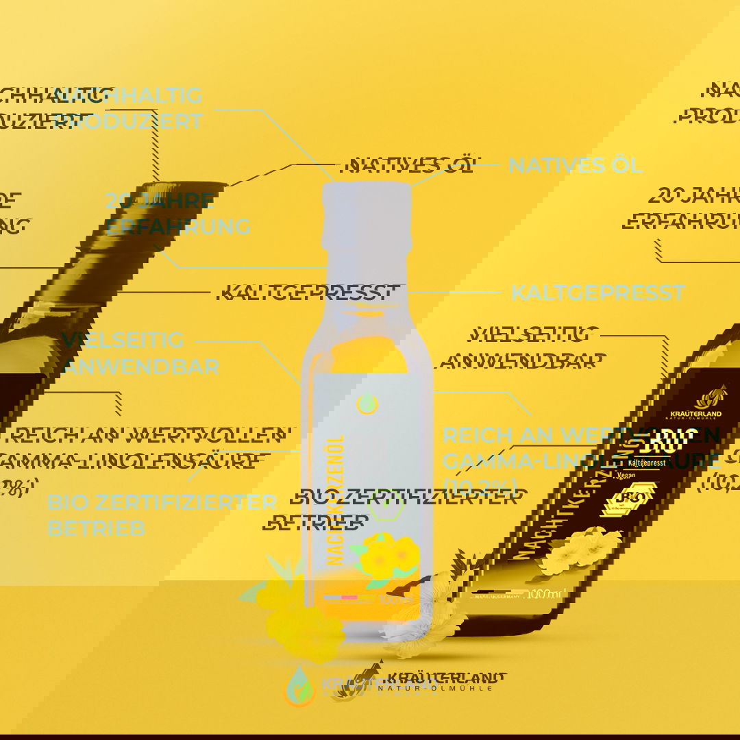 Bio Nachtkerzenöl von Kräuterland mit Vorteilen wie reich an Gamma Linolensäure kaltgepresst und nachhaltig produziert
