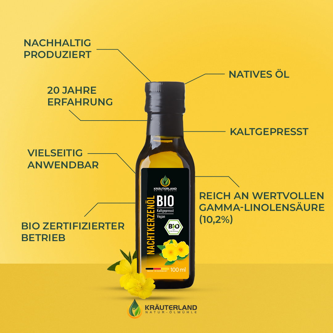 Kräuterland Bio Nachtkerzenöl zentrale Vorteile und Qualitätsmerkmale Bio Nachtkerzenöl von Kräuterland mit Vorteilen wie reich an Gamma Linolensäure kaltgepresst und nachhaltig produziert