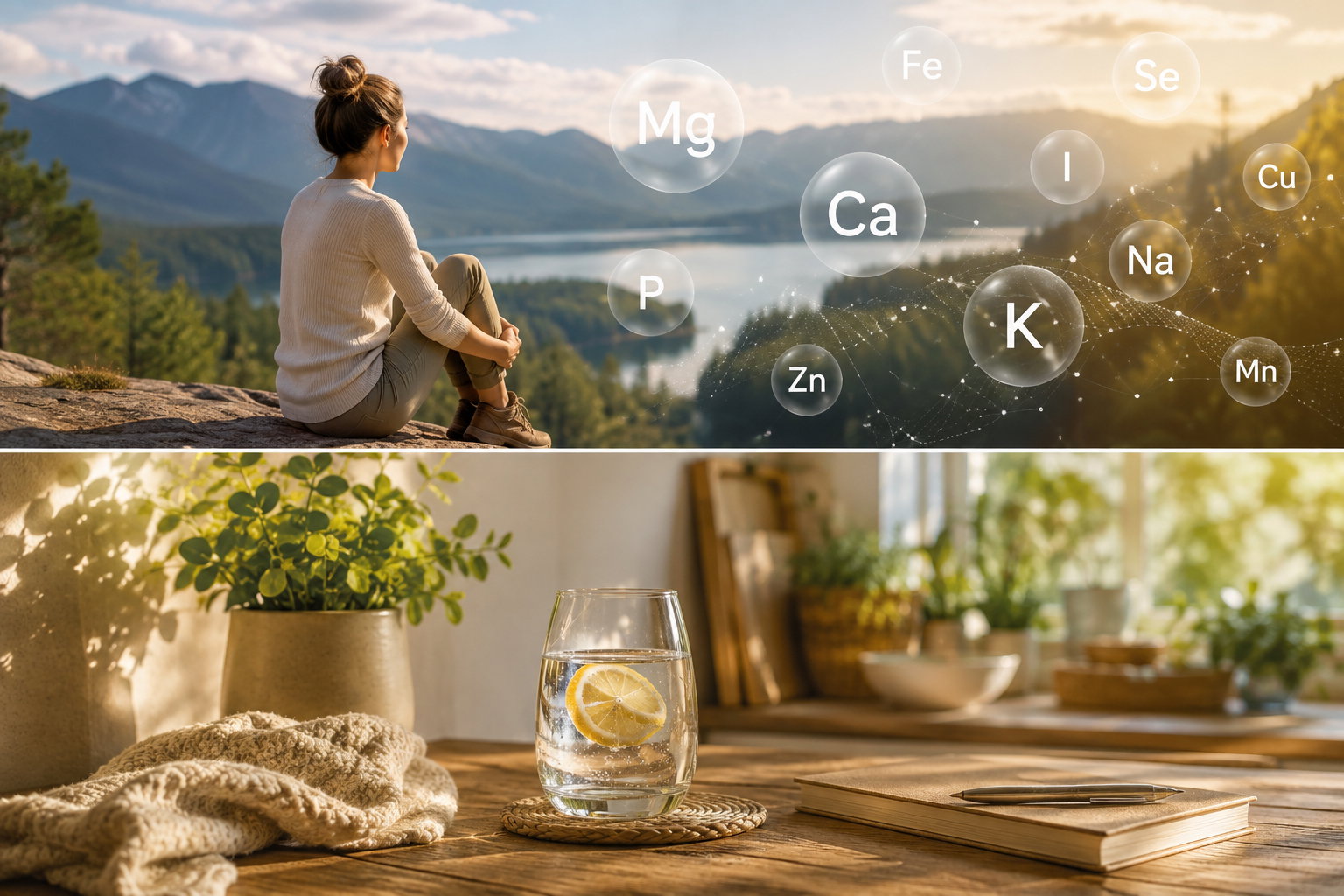 Mineralstoffe im Alltag Frau in der Natur mit eingeblendeten Mineralstoff-Symbolen sowie Alltagsszene mit Wasser und Notizbuch