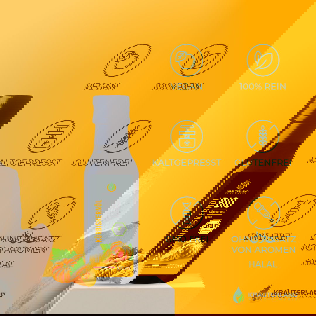 Bio Kürbiskernöl von Kräuterland mit Icons für vegan rein kaltgepresst glutenfrei gentechnikfrei und ohne Aromazusatz halal