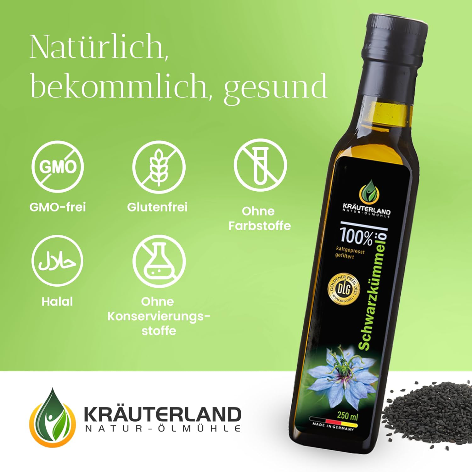 Produktflasche Schwarzkümmelöl mit Symbolen für Qualität: GMO-frei, glutenfrei, ohne Farb- und Konservierungsstoffe, halal-zertifiziert.