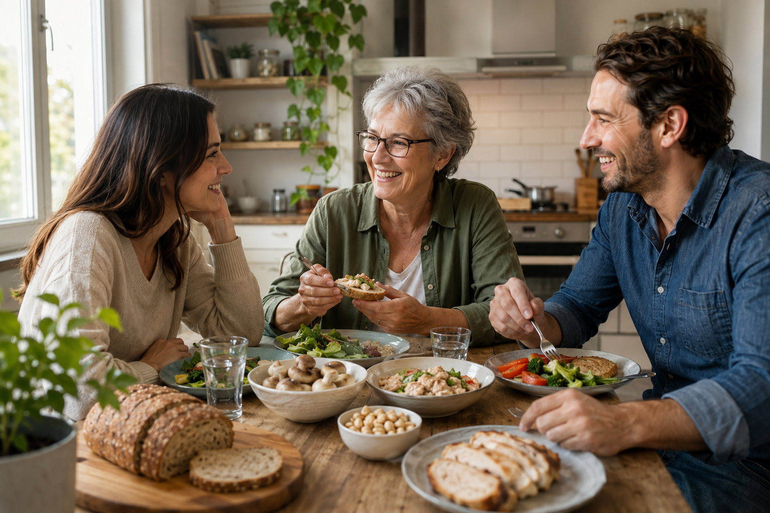 Niacin im Ernährungsalltag Familie beim gemeinsamen Essen mit Pilzen, Vollkornbrot, Hülsenfrüchten und Fleisch als Beispiele für Niacin-Quellen
