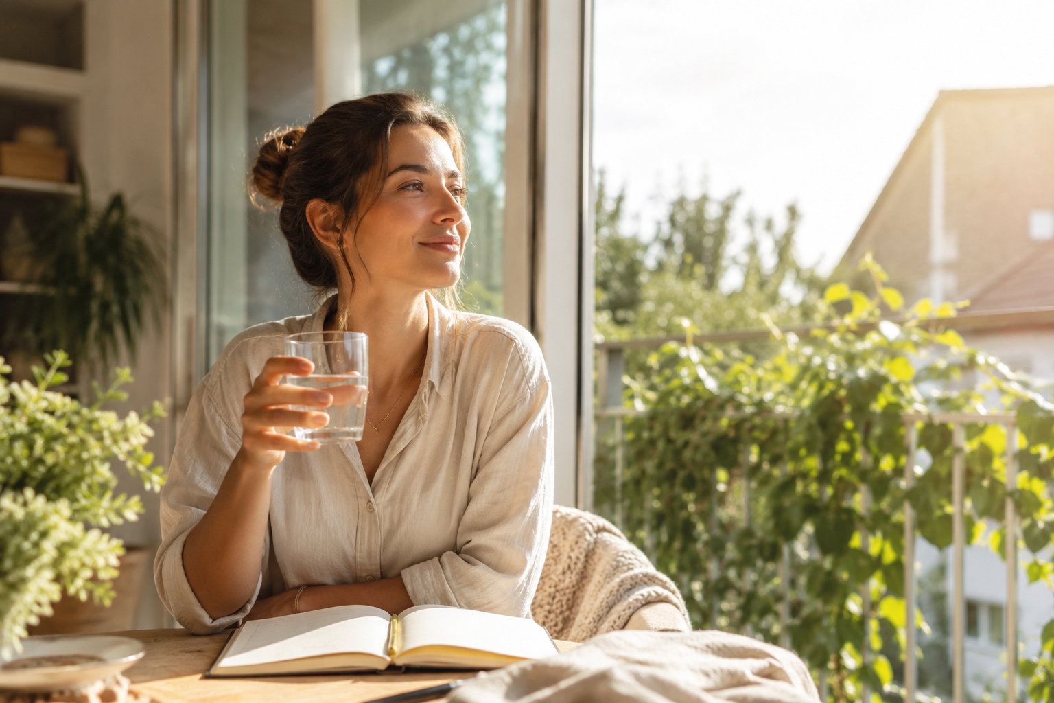 Frau sitzt am Fenster mit einem Glas Wasser und einem Notizbuch als Alltagsszene zur Einnahme von Vitamin D3 und K2