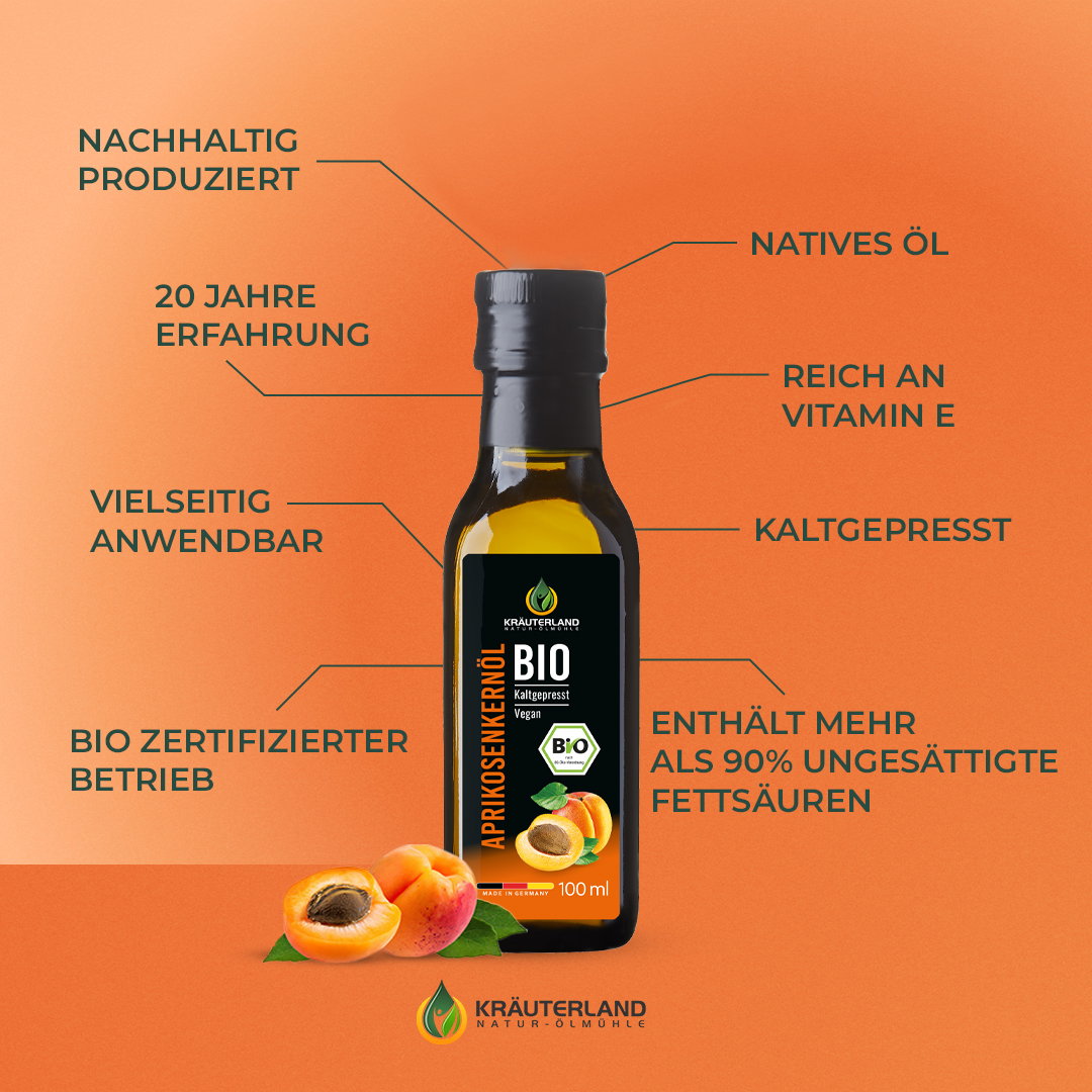 Bio Aprikosenkernöl – natürlich reich an Vitamin E und ungesättigten Fettsäuren Vorteile von Kräuterland Bio Aprikosenkernöl – nachhaltig produziert, reich an Vitamin E und ungesättigten Fettsäuren
