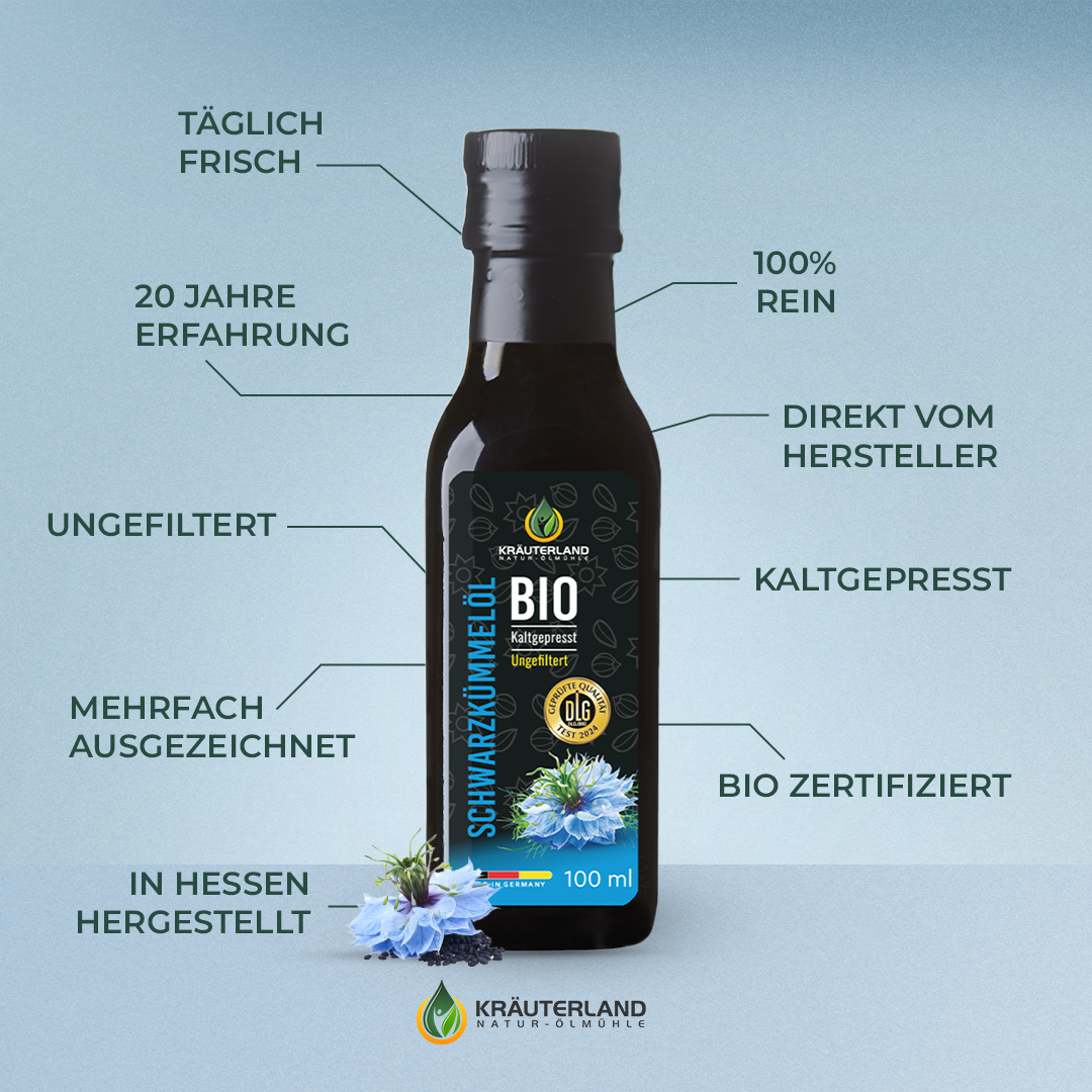 Bio Schwarzkümmelöl ungefiltert 100 ml Vorteile Bio Schwarzkümmelöl ungefiltert 100 ml Vorteile