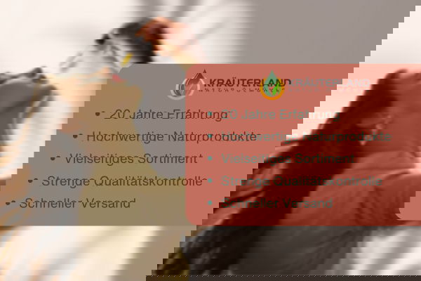 Kräuterland Vertrauensbild mit Frau bei der Einnahme von Tropfen und hervorgehobenen Qualitätsversprechen