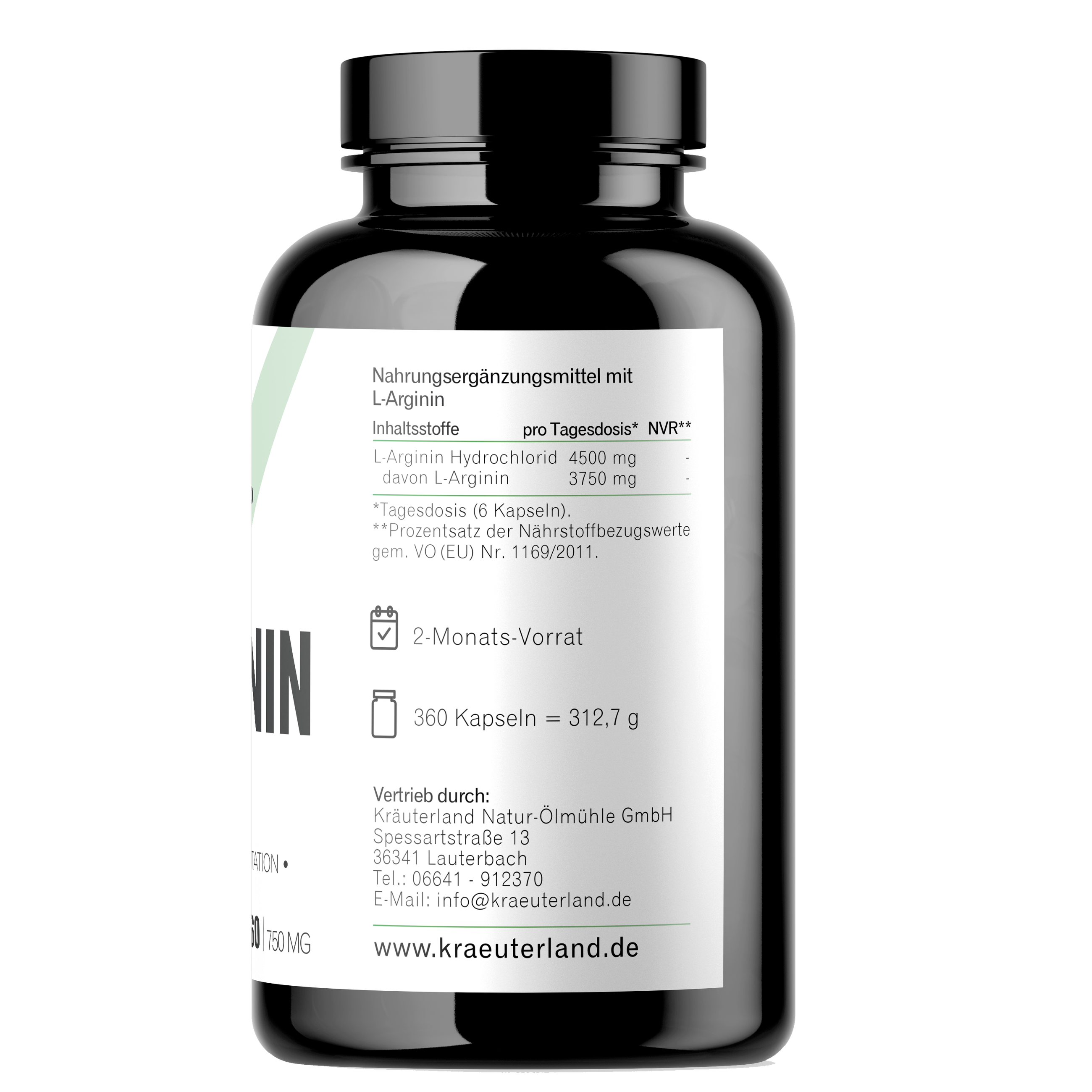 L-Arginin Kapseln 360 Stück Seitenansischt mit Nährwertangaben