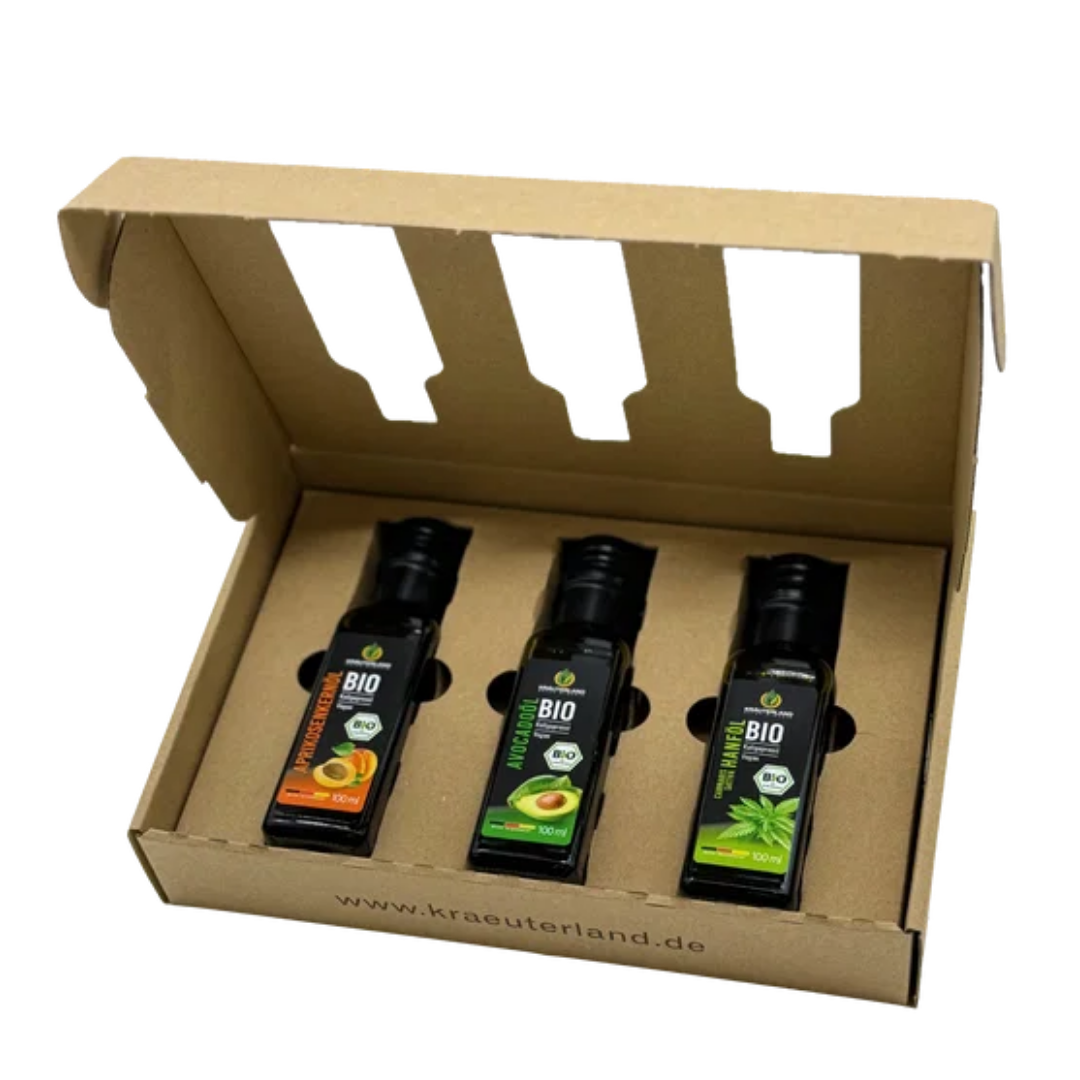 Bio Speiseöl Kennenlern Set 100 ml – Avocadoöl, Aprikosenkernöl und Hanföl in geöffneter Geschenkverpackung