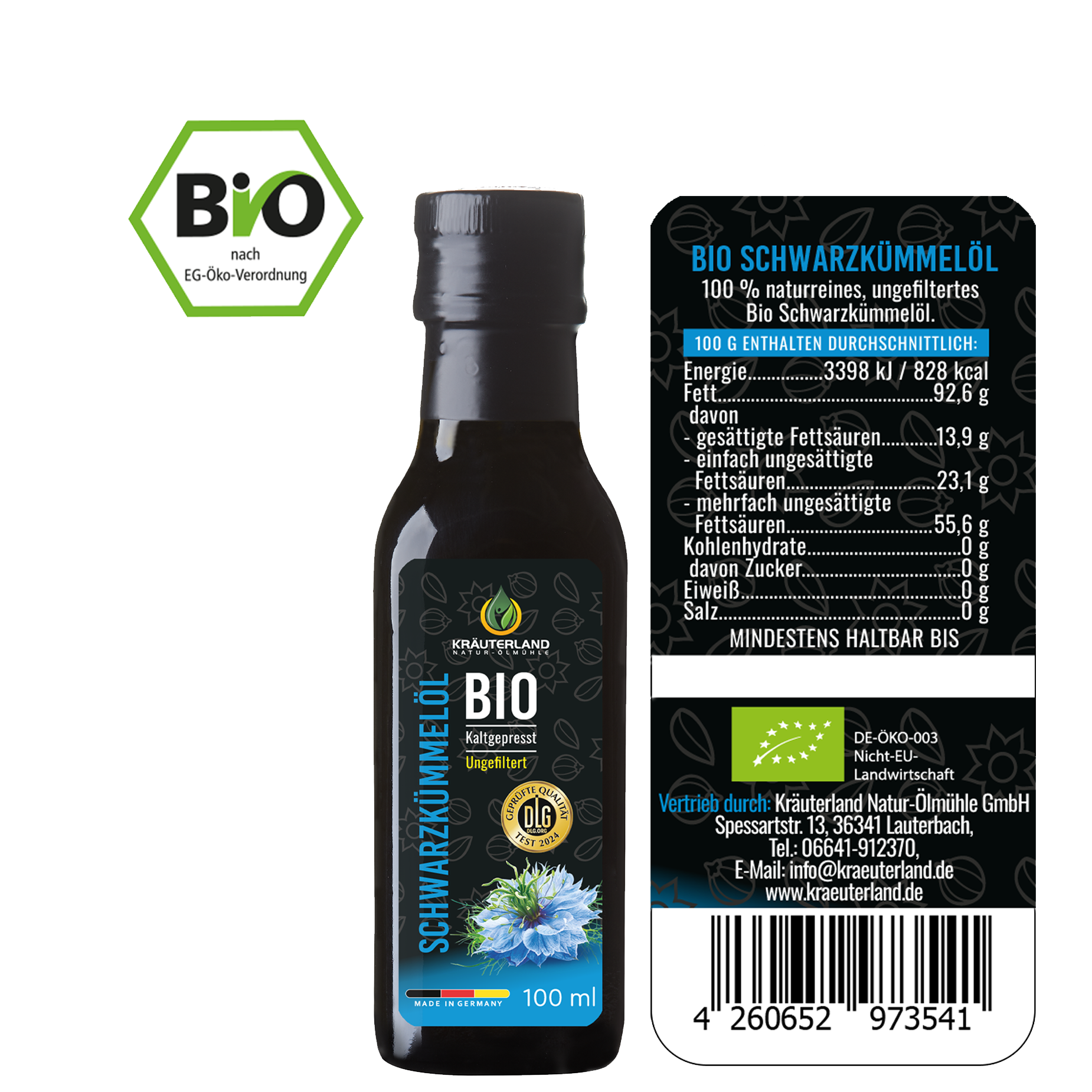 Kräuterland Bio Schwarzkümmelöl ungefiltert 100 ml Rückseite mit Etikett