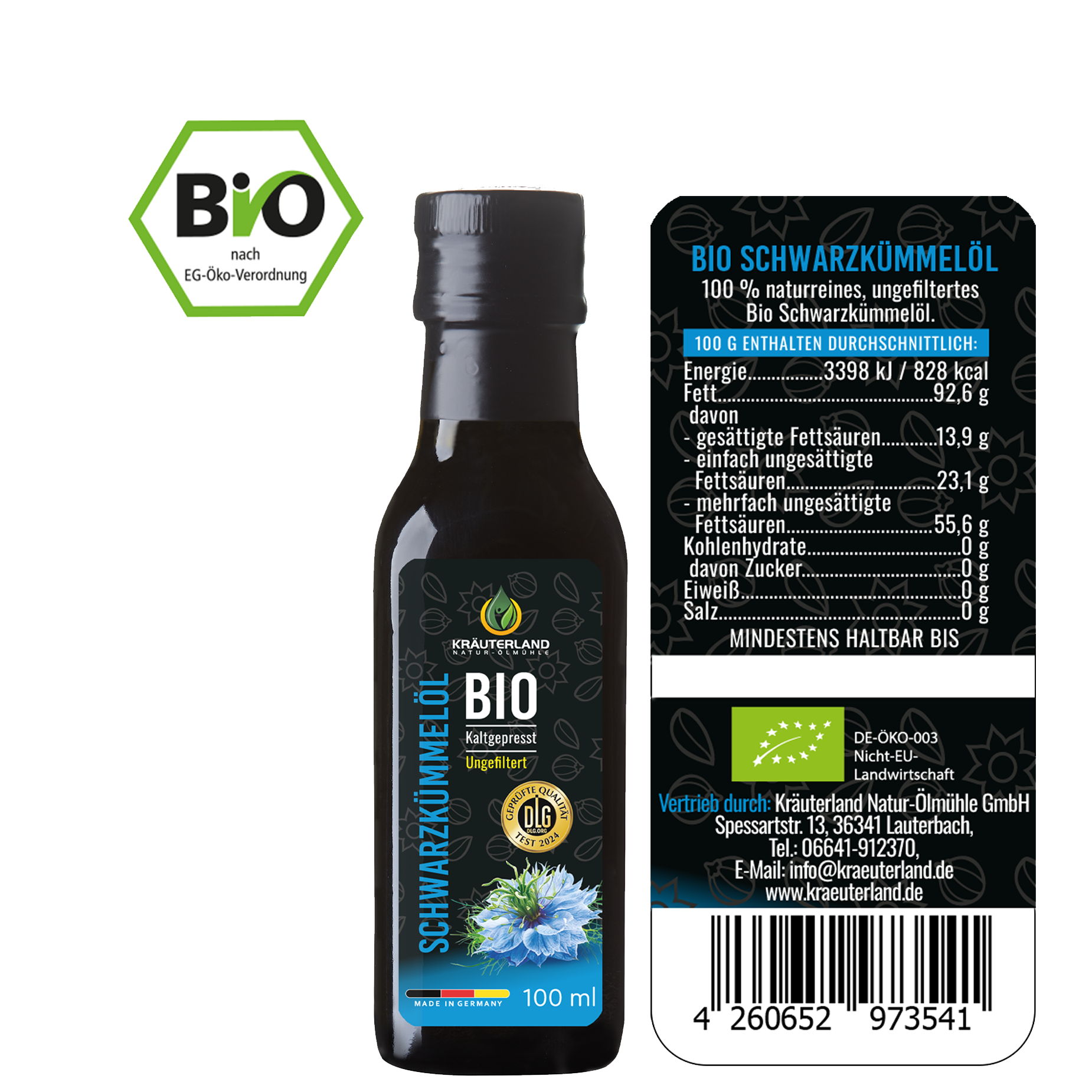 Kräuterland Bio Schwarzkümmelöl ungefiltert 100 ml Rückseite mit Etikett Kräuterland Bio Schwarzkümmelöl ungefiltert 100 ml Rückseite mit Etikett