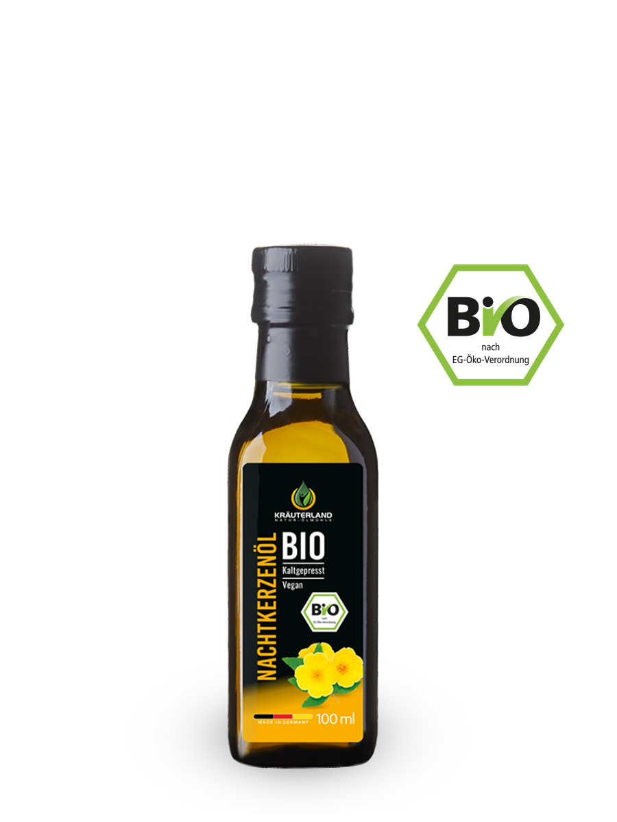 Kräuterland Bio Nachtkerzenöl 100 ml mit EU Bio Siegel auf weißem Hintergrund