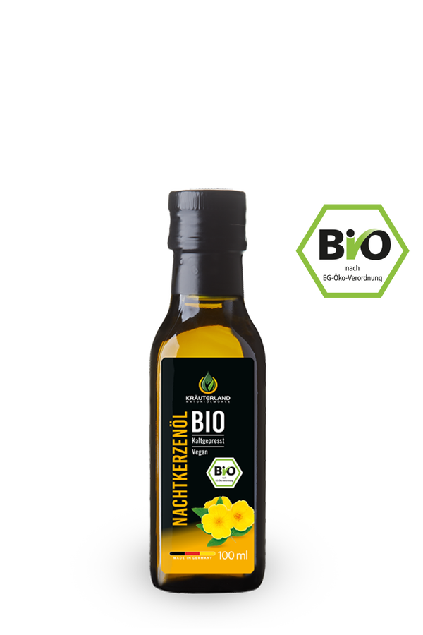 Kräuterland Bio Nachtkerzenöl 100 ml mit EU Bio Siegel auf weißem Hintergrund