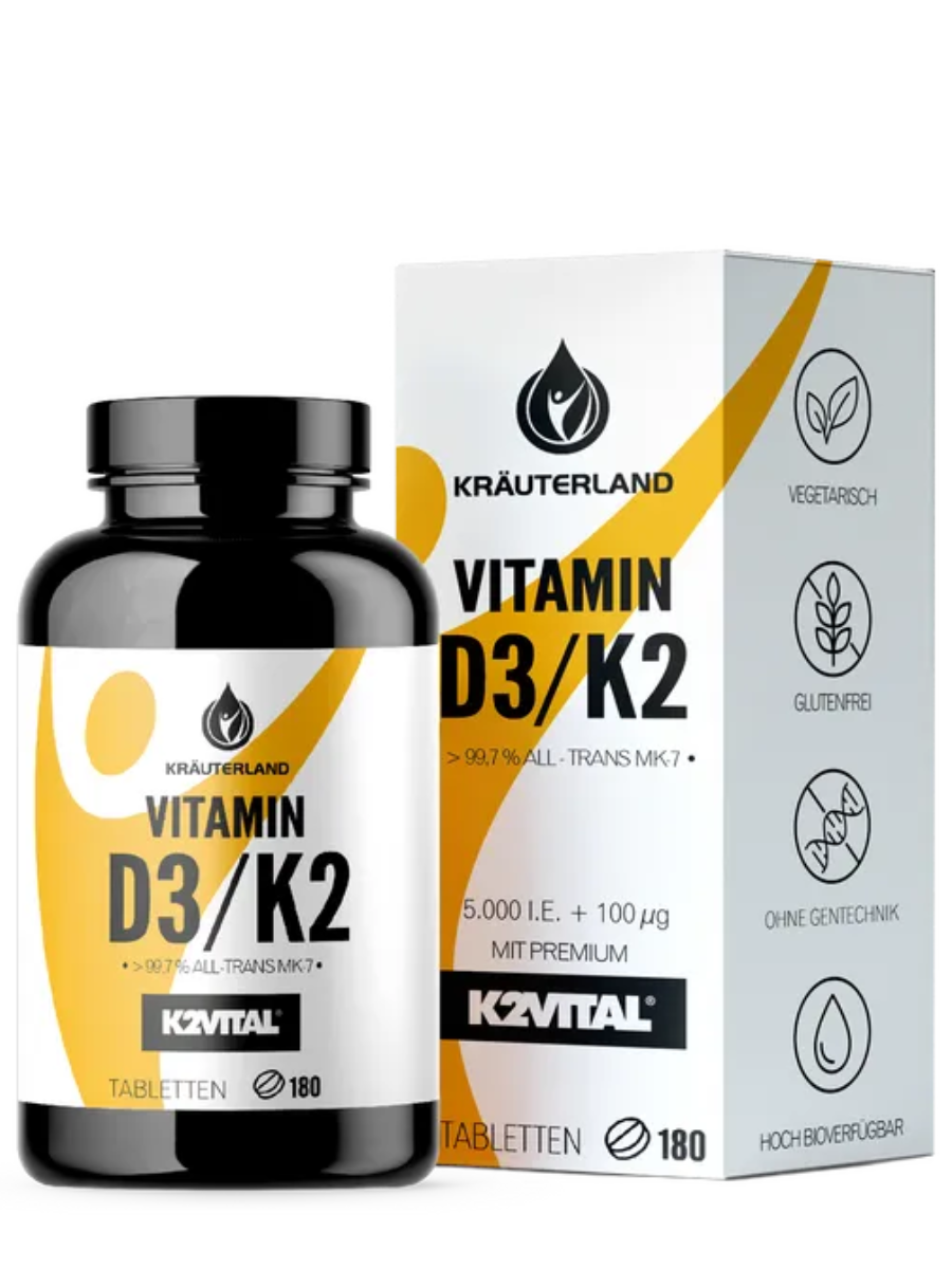 Kräuterland Vitamin D3 + K2 Dose mit Umverpackung – 180 Tabletten mit Premium K2VITAL® All-Trans MK-7, vegetarisch und glutenfrei.