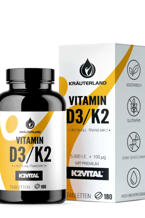 Kräuterland Vitamin D3 + K2 – 180 Tabletten in Dose mit Verpackung & K2VITAL® Markenrohstoff Kräuterland Vitamin D3 + K2 Dose mit Umverpackung – 180 Tabletten mit Premium K2VITAL® All-Trans MK-7, vegetarisch und glutenfrei.