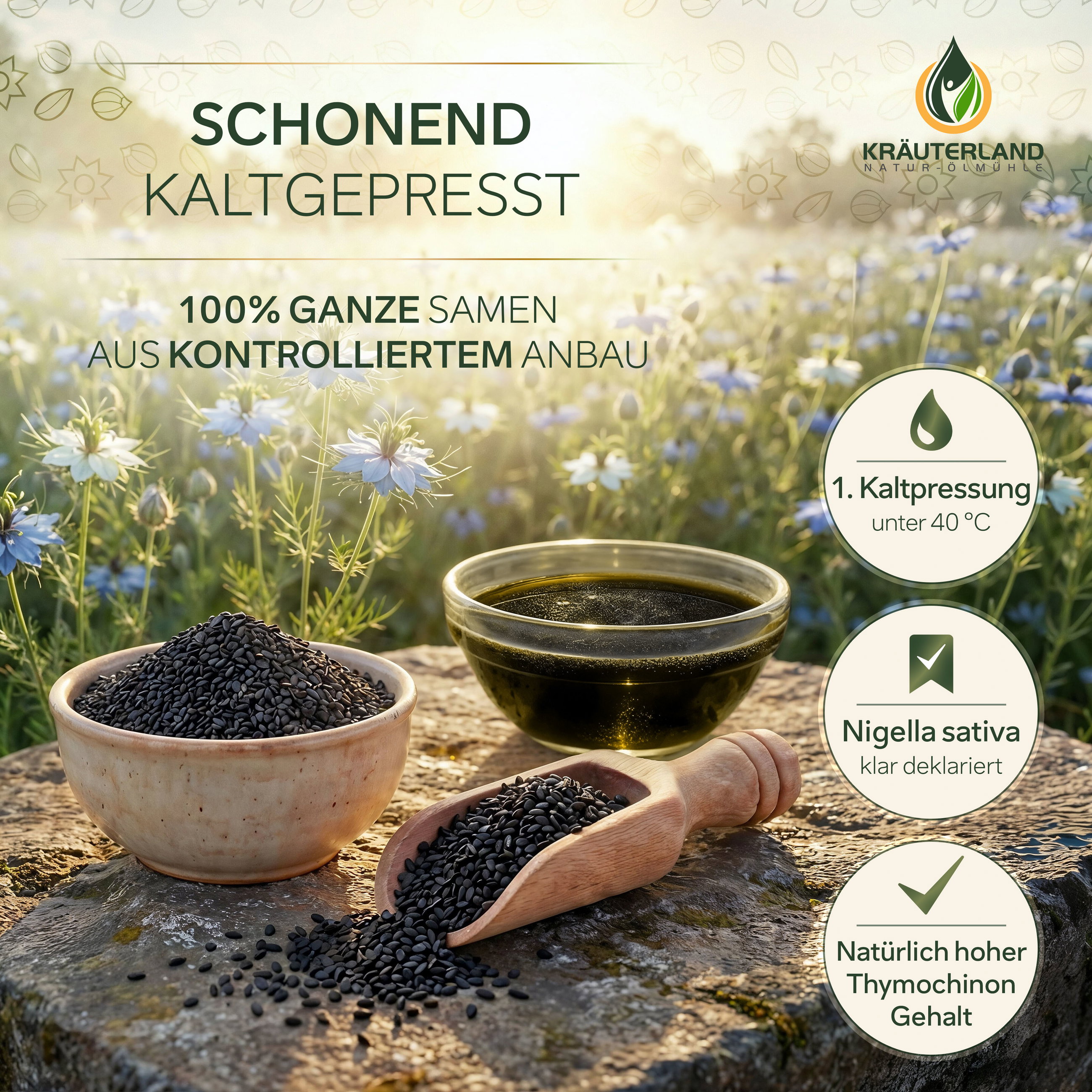 Ungefiltertes Schwarzkümmelöl von Kräuterland, schonend kaltgepresst aus ganzen Nigella sativa Samen aus kontrolliertem Anbau