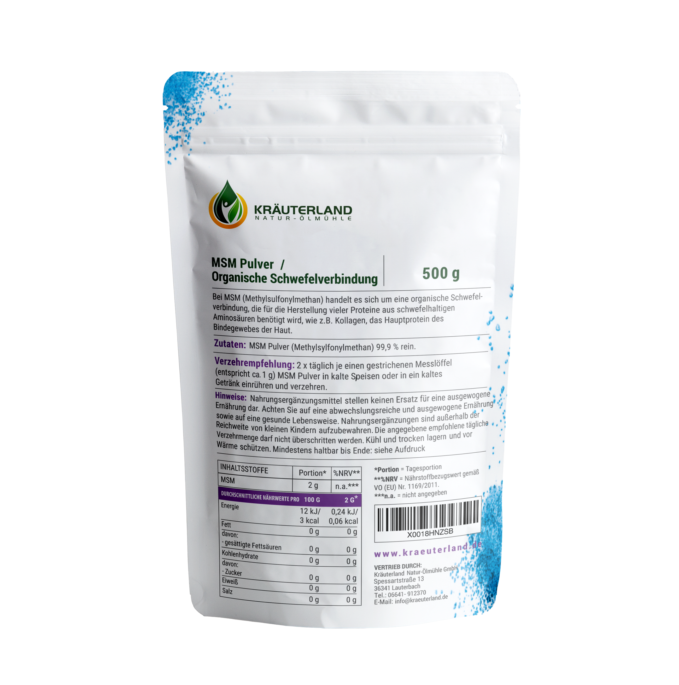 MSM Pulver 500g Rückseite MSM Pulver 500g Rückseite