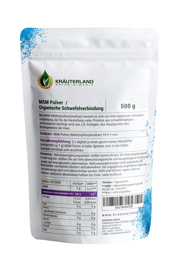 MSM Pulver 500g Rückseite MSM Pulver 500g Rückseite