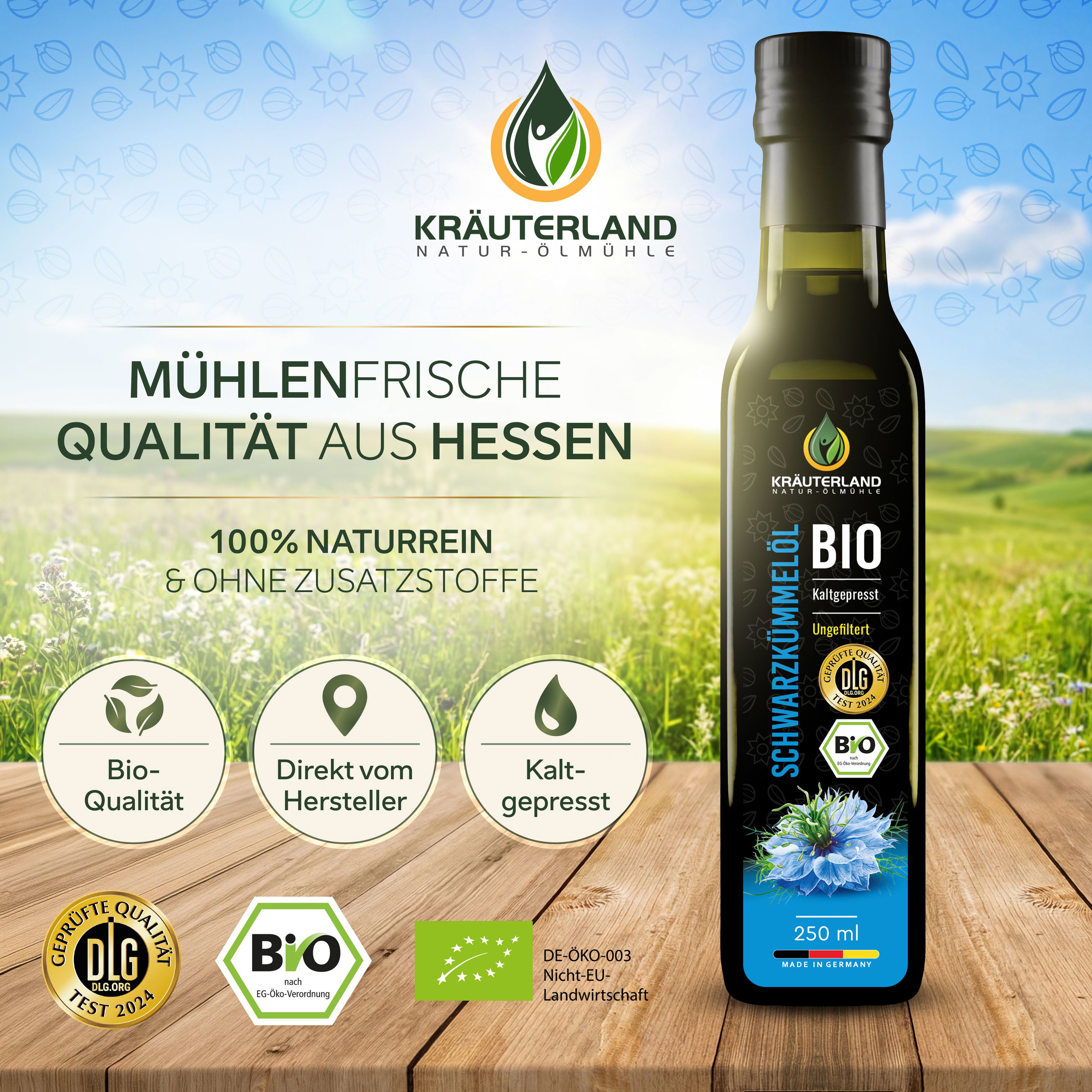 Kräuterland Bio Schwarzkümmelöl ungefiltert 250 ml aus Hessen Kräuterland Bio Schwarzkümmelöl 250 ml in mühlenfrischer Qualität aus Hessen, naturrein und ohne Zusatzstoffe